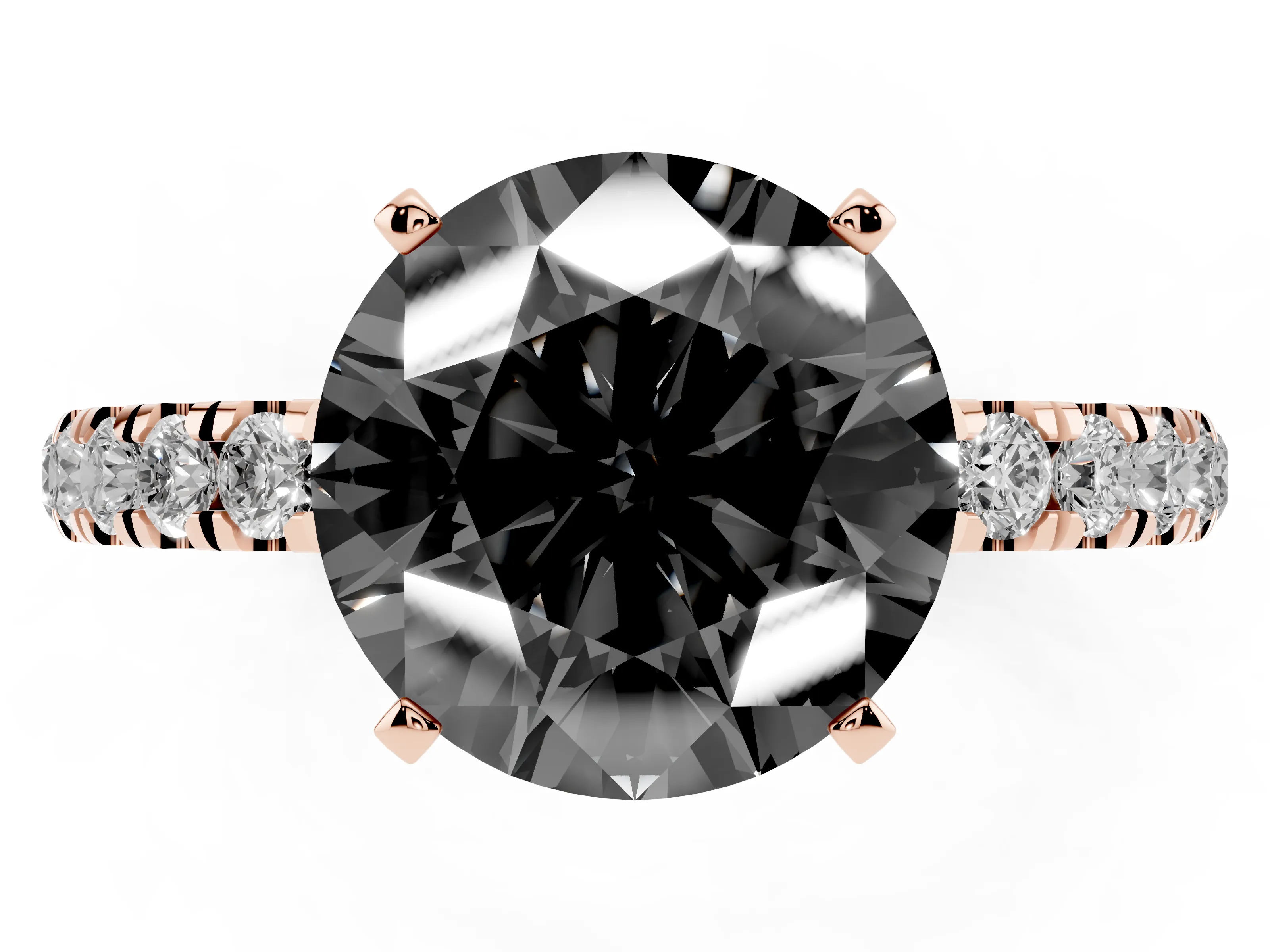 Fancy Black Round Cut Diamond Solitaire Ring Set in Rose gold with Pavé Accents and Prong Setting