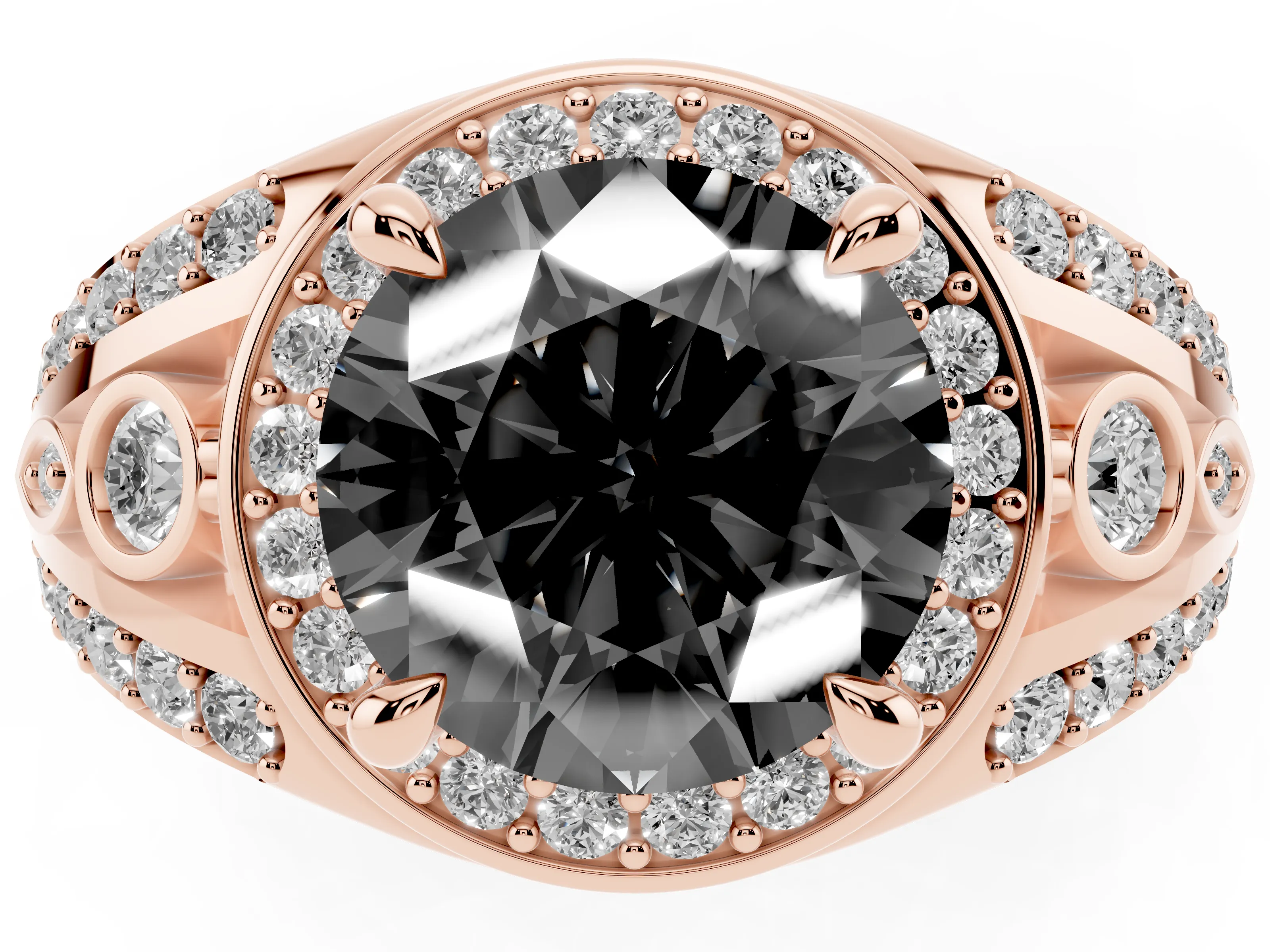 Fancy Black Round Cut Diamond Halo Ring Set in Rose gold with Pavé Split Shank and Bezel Accents