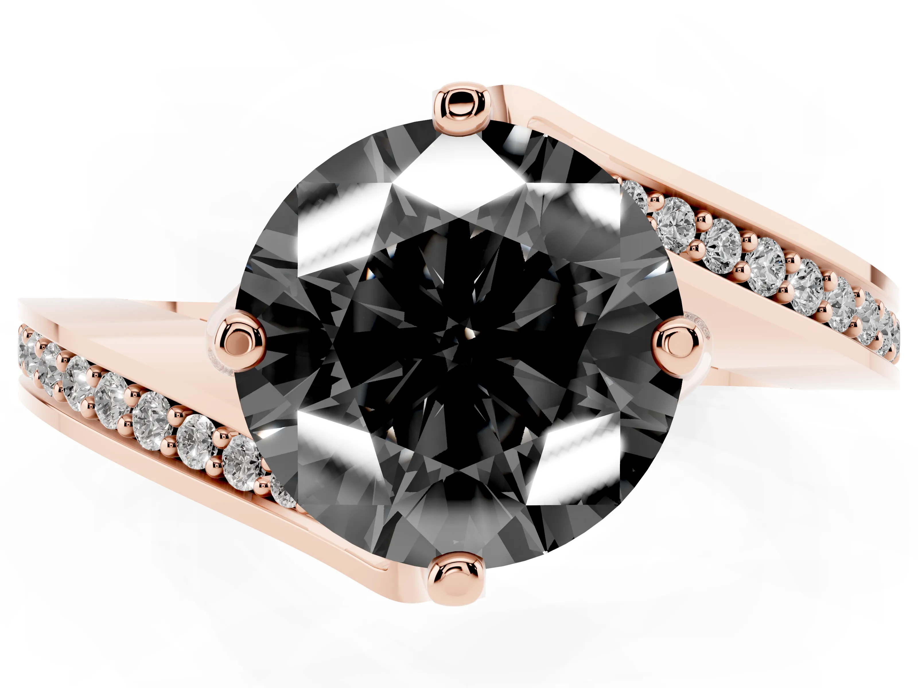 Fancy Black Round Cut Diamond Solitaire Ring Set in Rose gold with Intertwined Pavé Twist Band