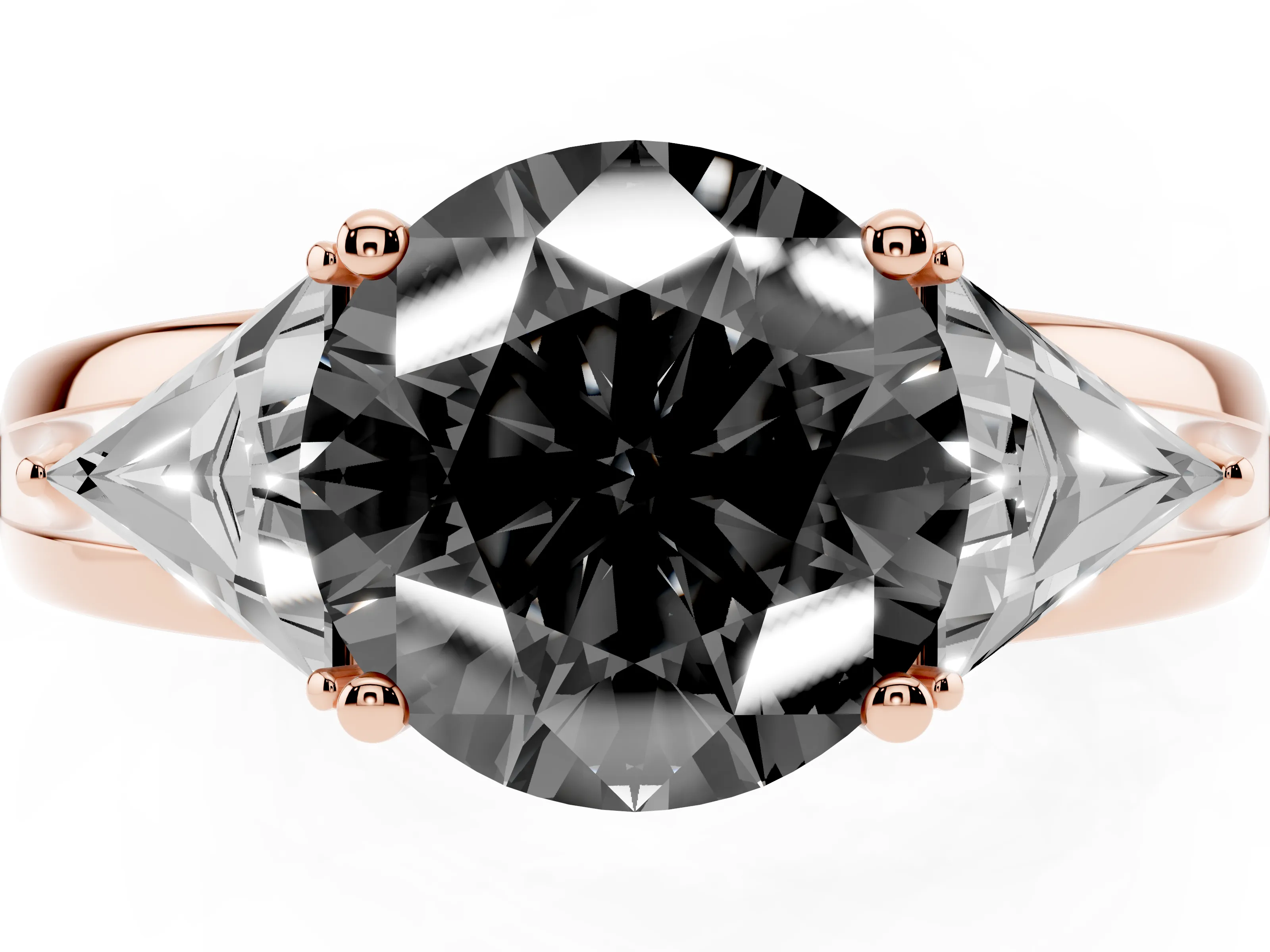 Fancy Black Round Cut Diamond Three-Stone Ring Set in Rose gold with Trillion Side Stones and Split Shank