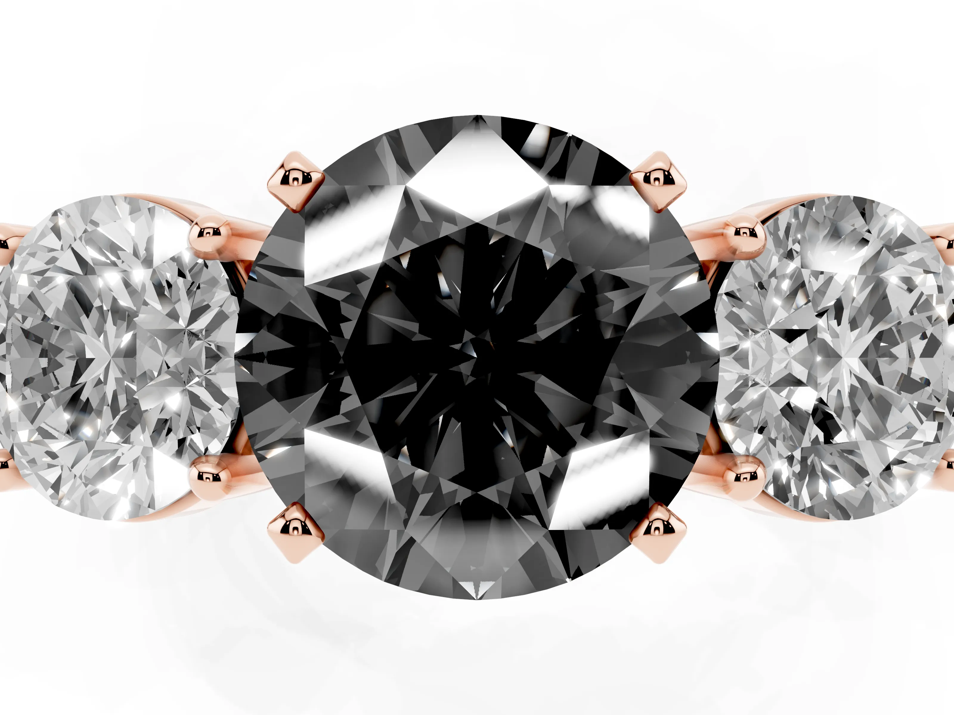 Fancy Black Round Cut Diamond Three-Stone Ring Set in Rose gold with Round Side Stones and Classic Band