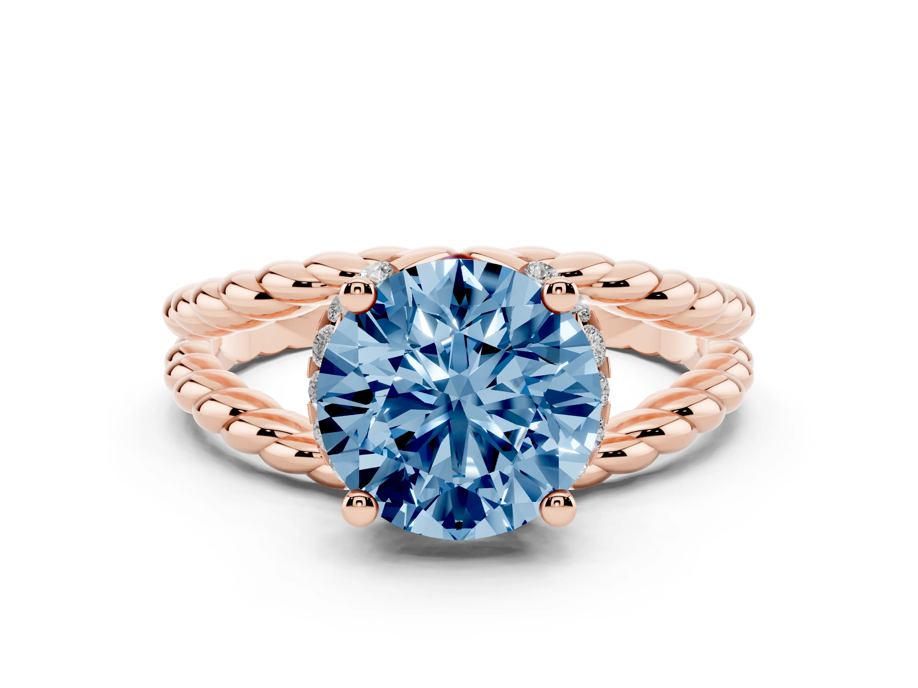 Fancy Blue Round Cut Diamond Halo Ring Set in Rose gold with Twisted Band and Prong Setting