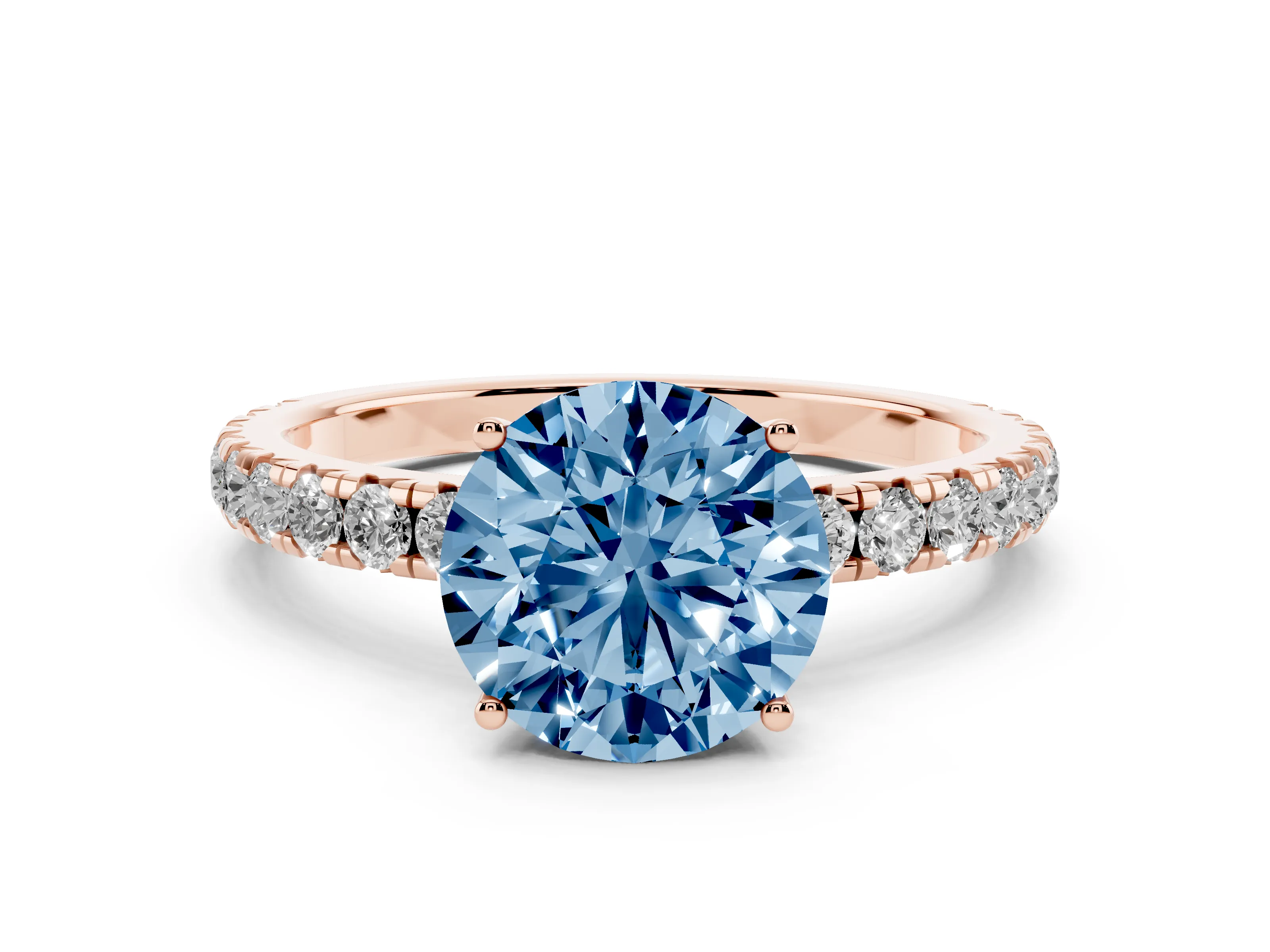 Fancy Blue Round Cut Diamond Pavé Solitaire Engagement Ring Set in Rose gold with Prong Setting