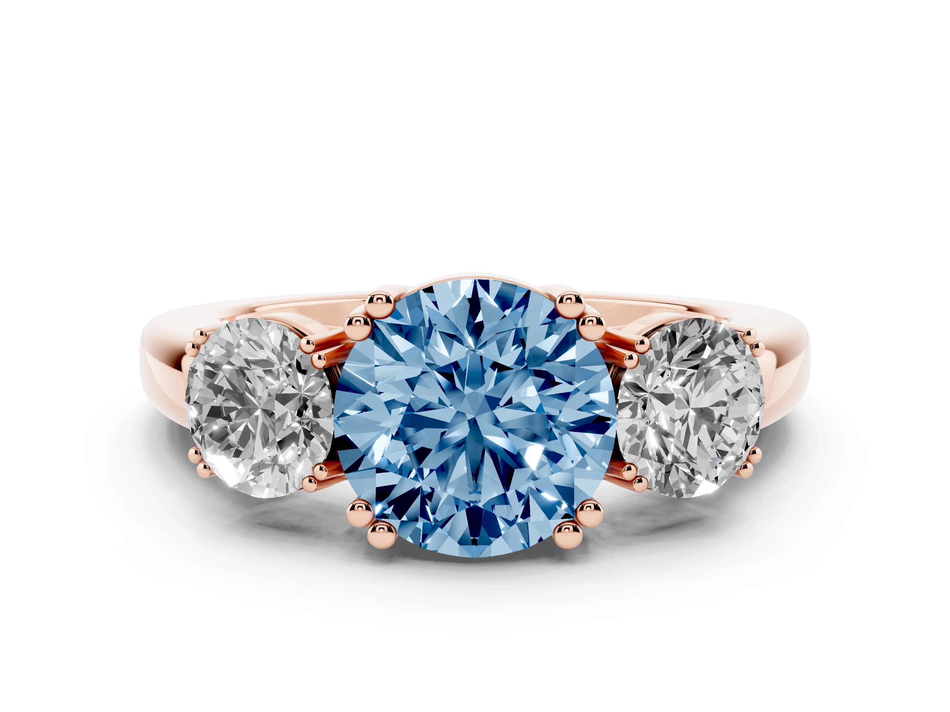 Fancy Blue Round Cut Diamond Three-Stone Ring Set in Rose gold with Polished Channel-Set Band