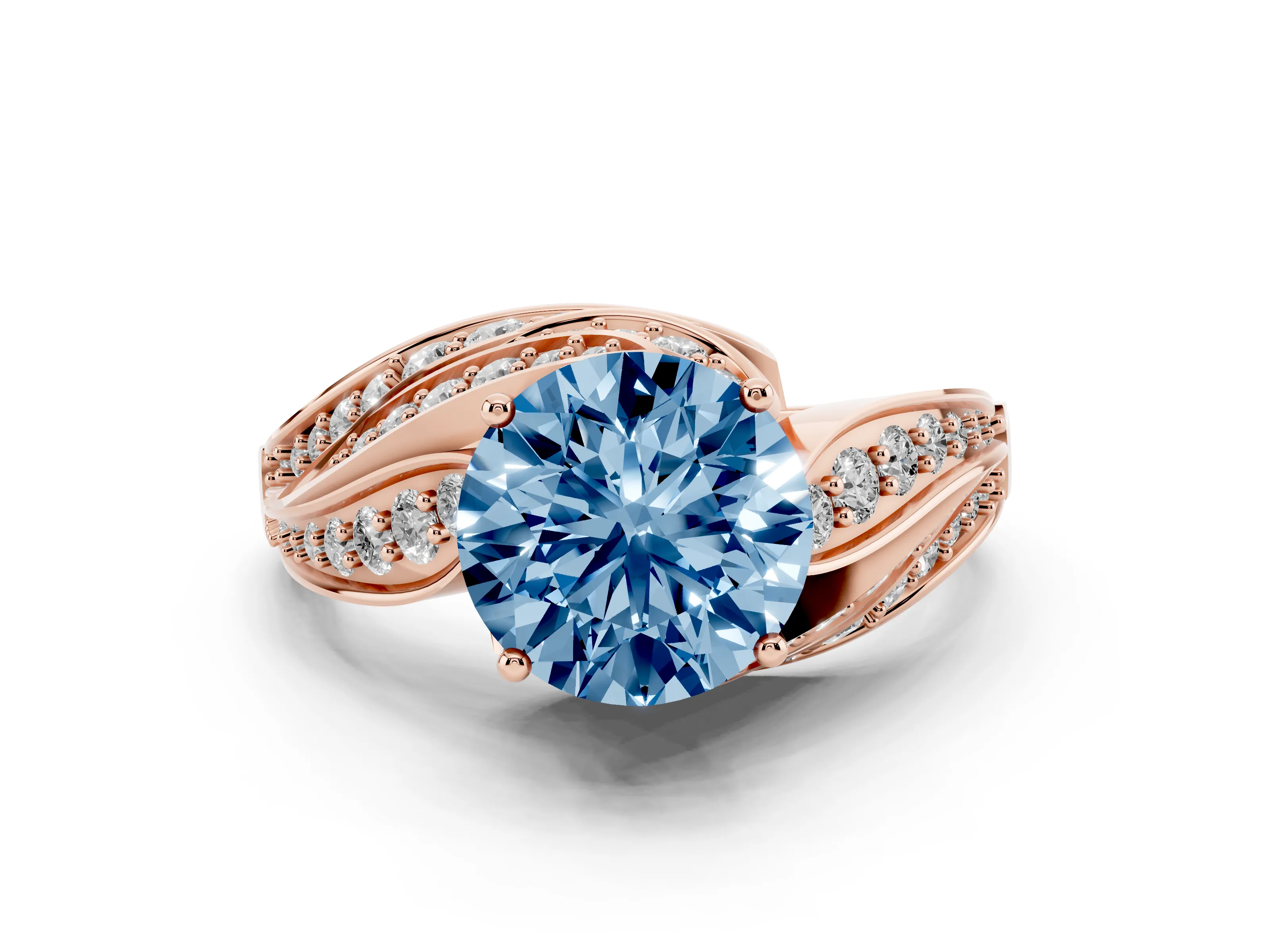 Fancy Blue Round Cut Diamond Solitaire Ring Set in Rose gold with Layered Twist Pavé Band