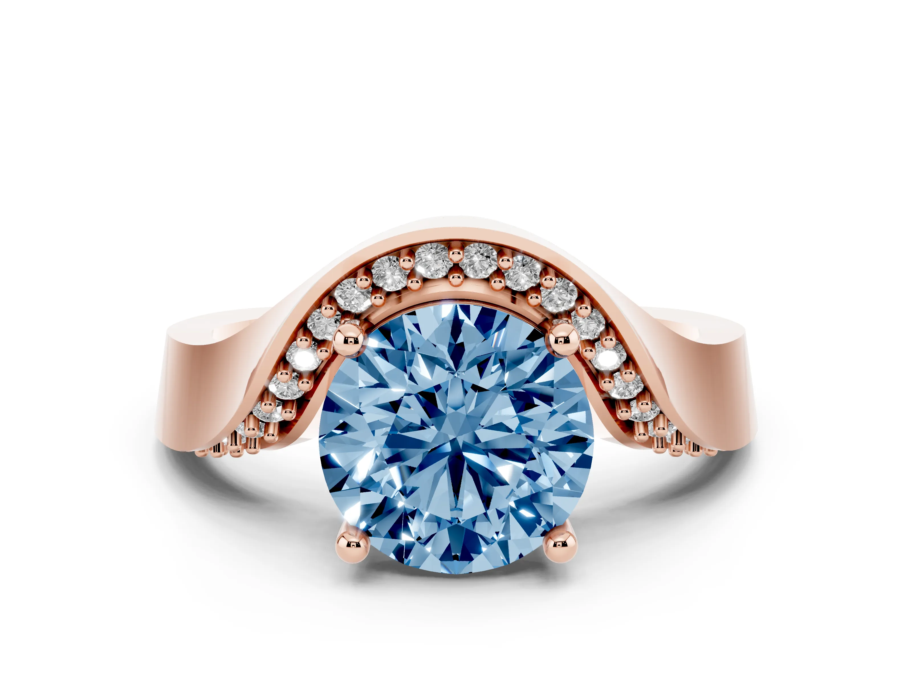 Fancy Blue Round Cut Diamond Solitaire Engagement Ring Set in Rose gold with Pavé Shoulders