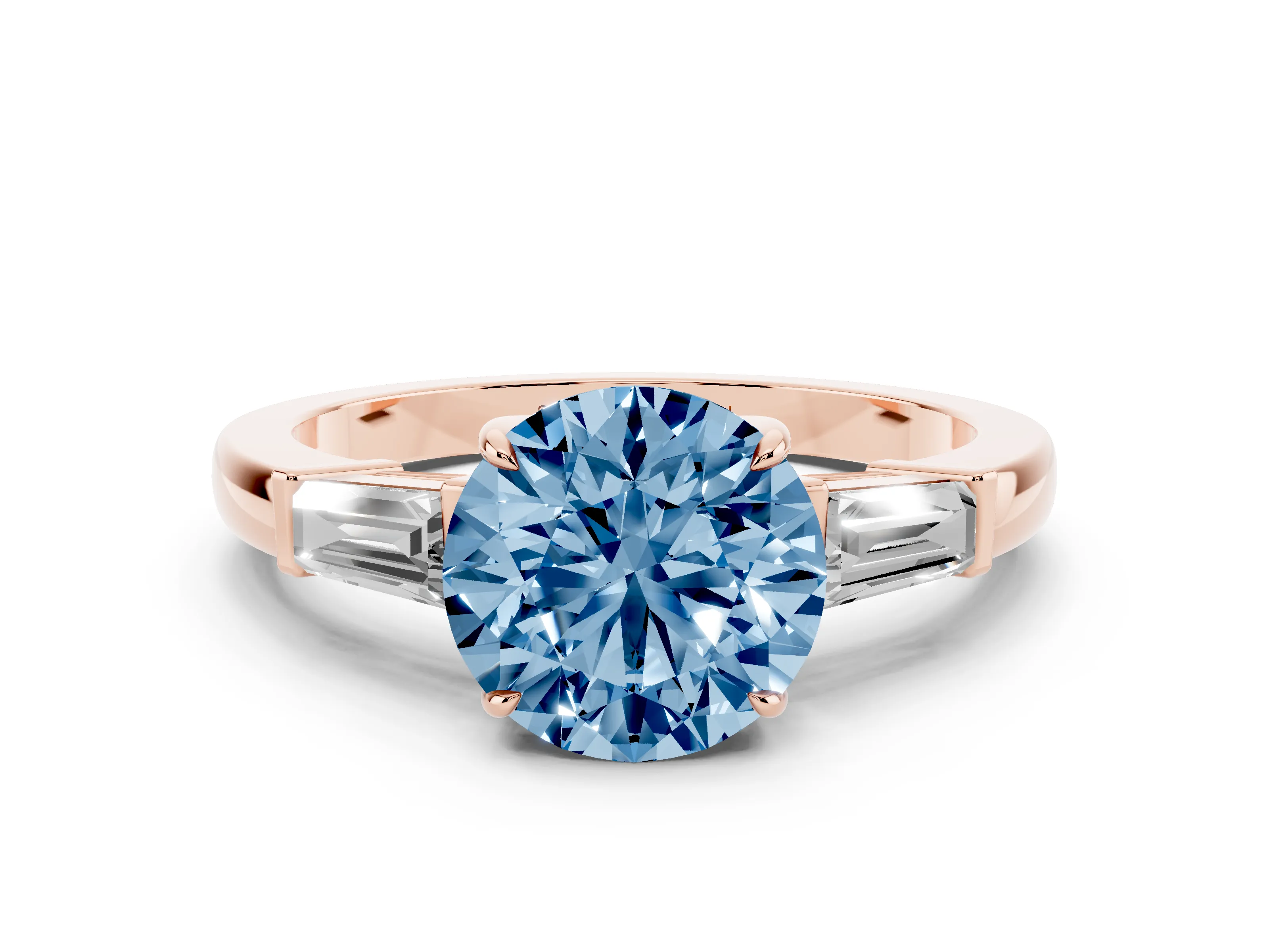 Fancy Blue Round Cut Diamond Three-Stone Ring Set in Rose gold with Tapered Baguette Side Stones and Prong Setting