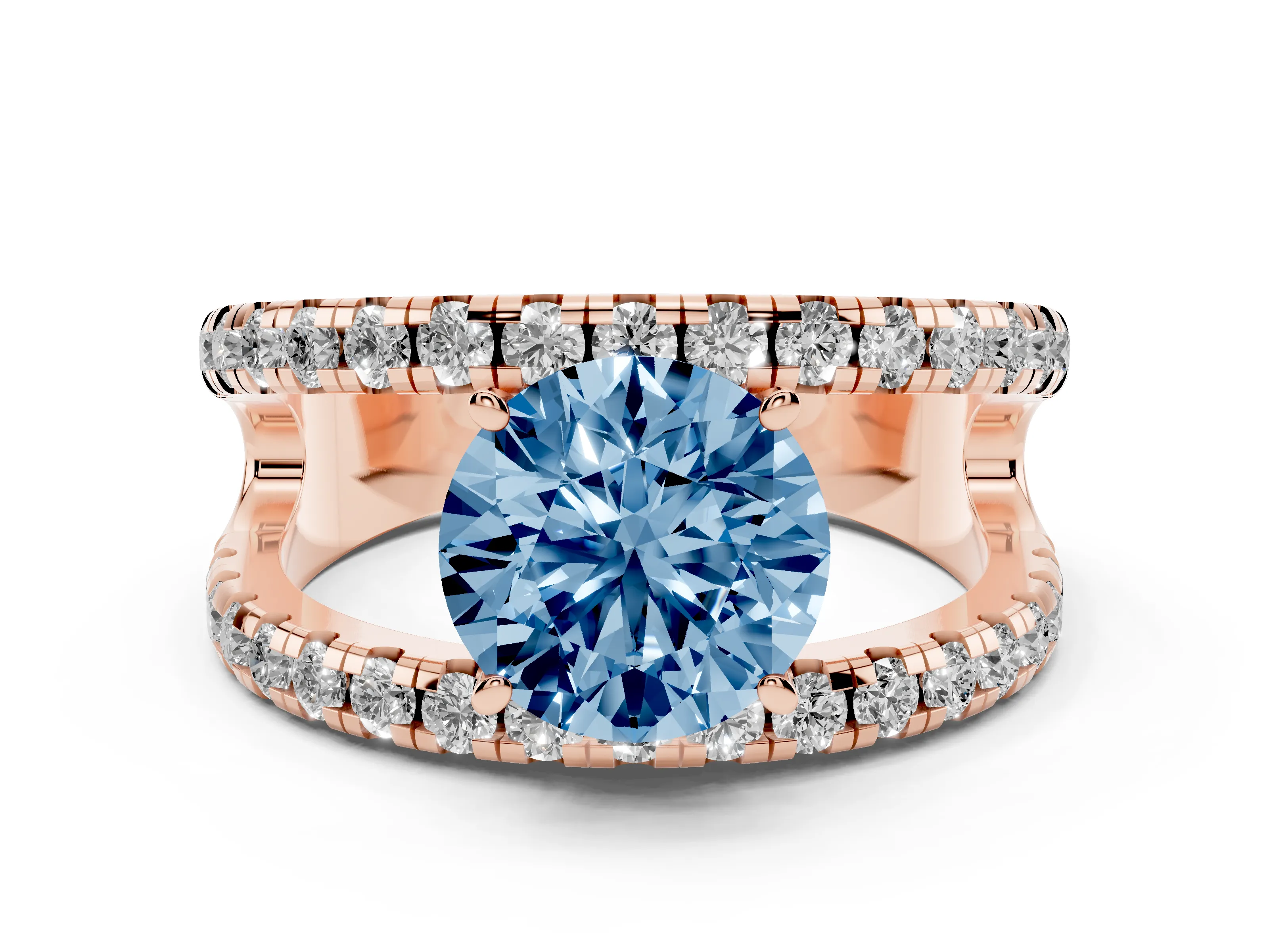 Fancy Blue Round Cut Diamond Split Shank Pavé Solitaire Ring Set in Rose gold with Open Shank Design