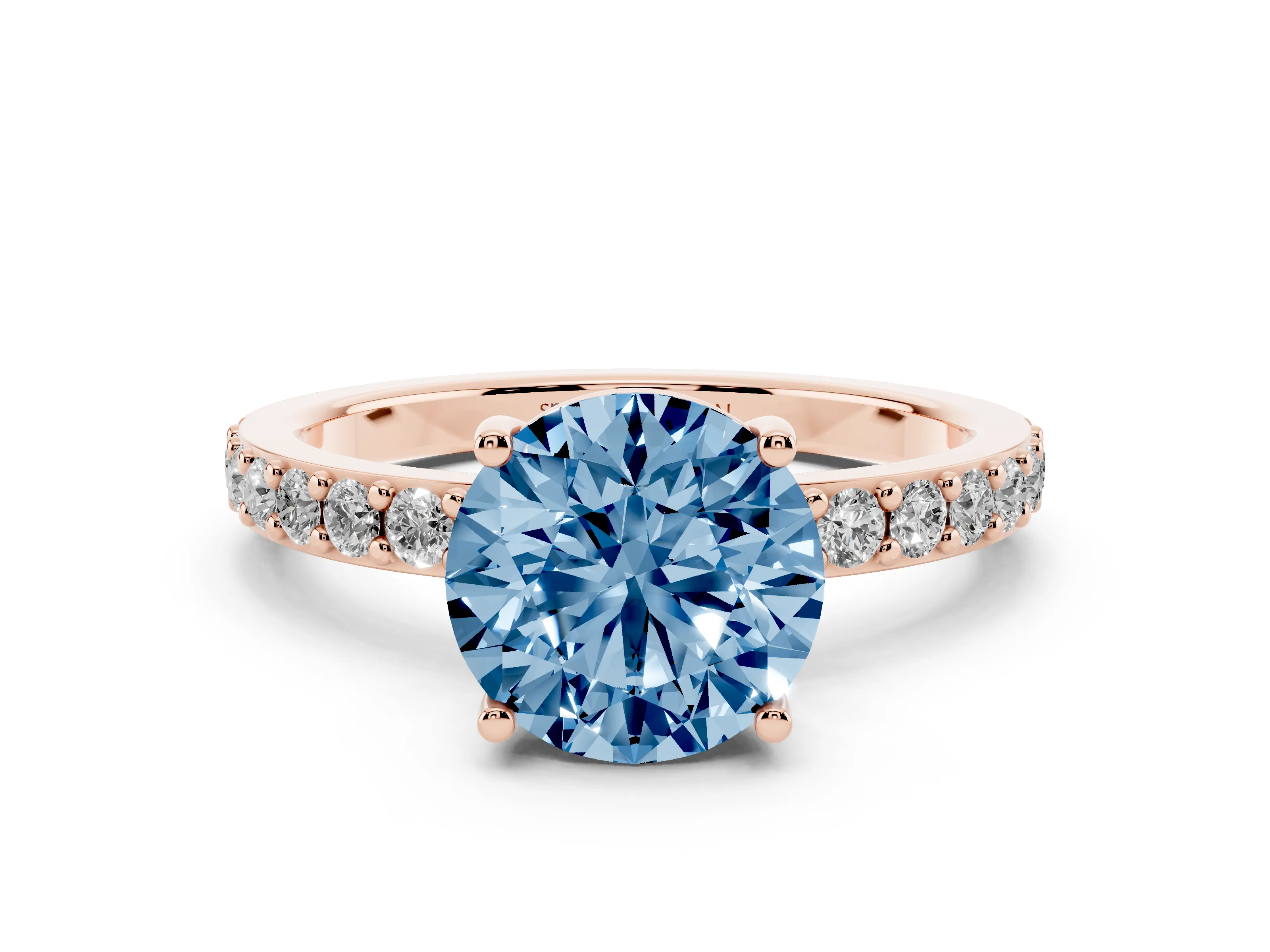 Fancy Blue Round Cut Diamond Solitaire Set in Rose gold with Round Pavé Band and Prong Setting