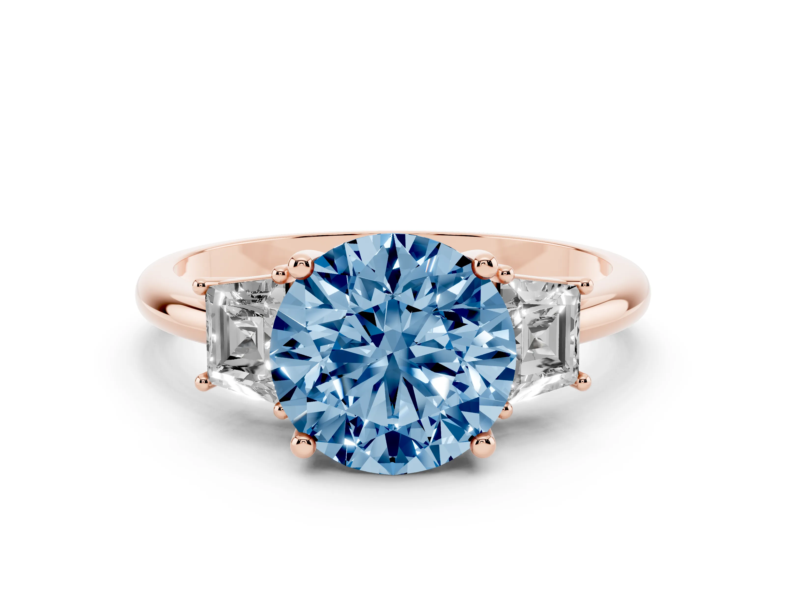 Fancy Blue Round Cut Diamond Three-Stone Ring Set in Rose gold with Trapezoid Side Stones and Prong Setting
