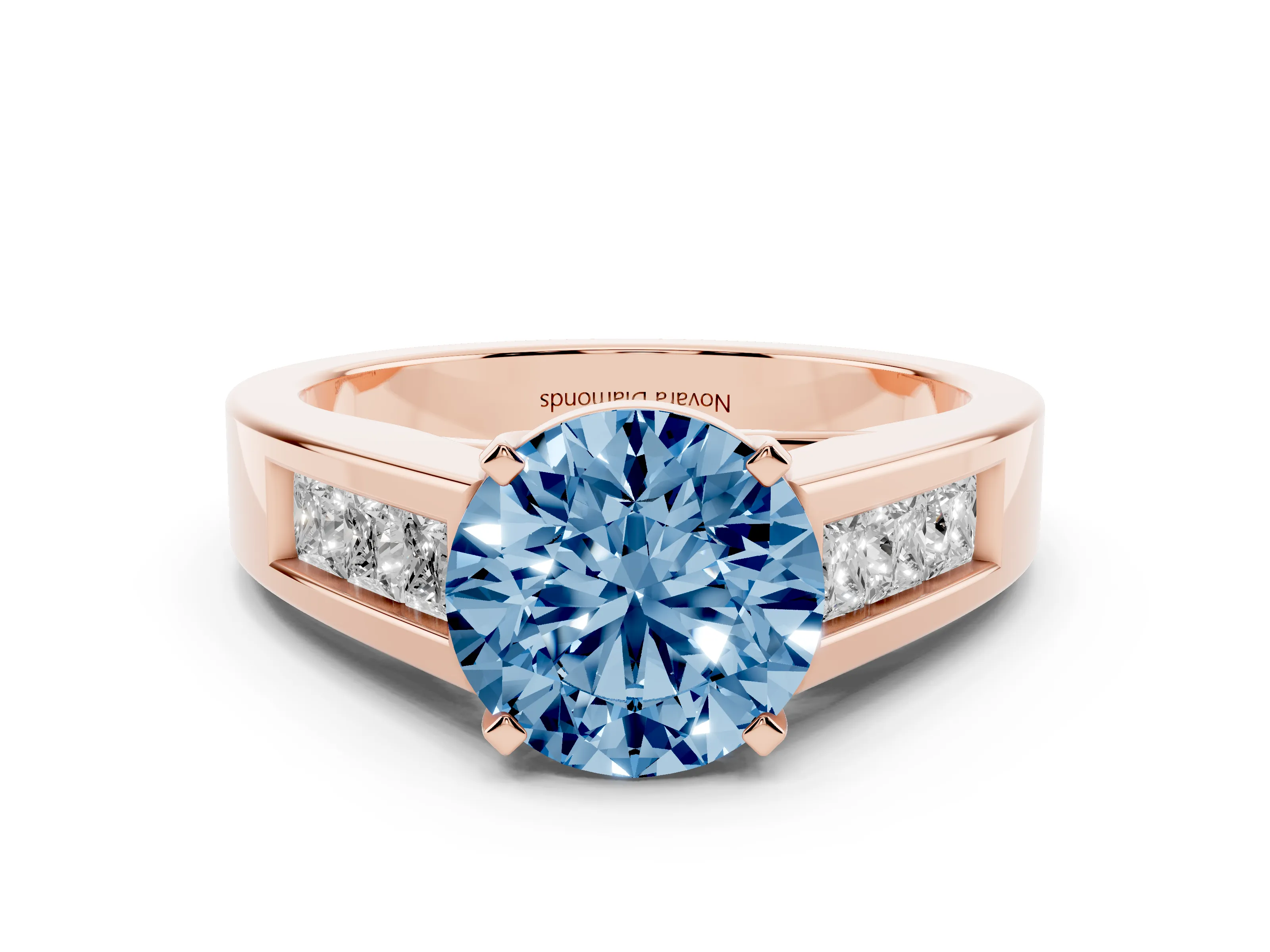 Fancy Blue Round Cut Diamond Solitaire Ring Set in Rose gold with Channel-Set Accent Stones and Prong Setting