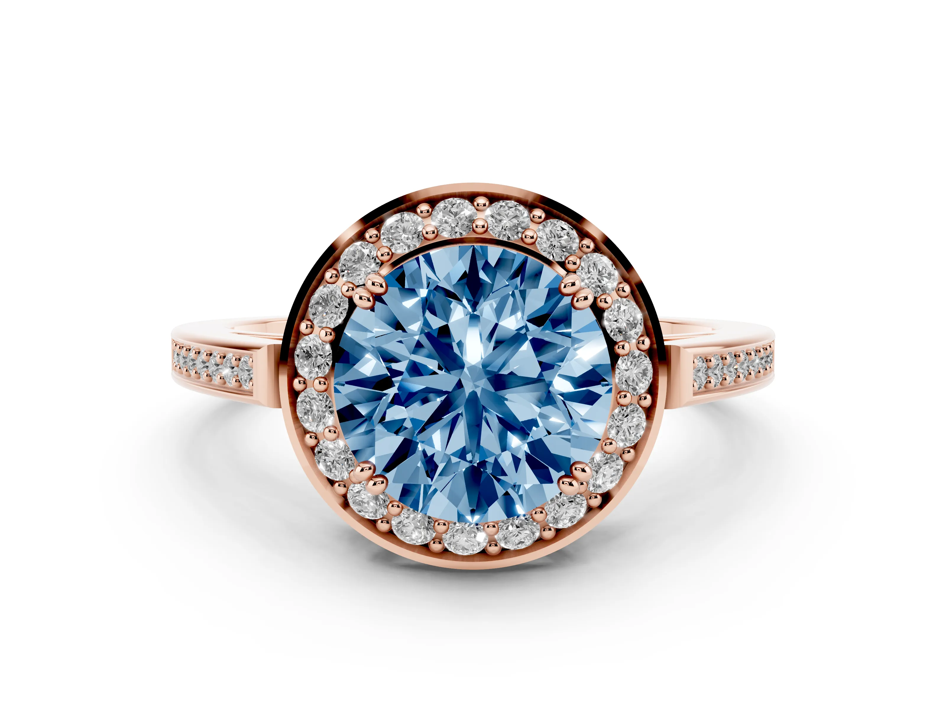 Fancy Blue Round Cut Diamond Halo Ring Set in Rose gold with Accent-Lined Split Shank and Prong Setting