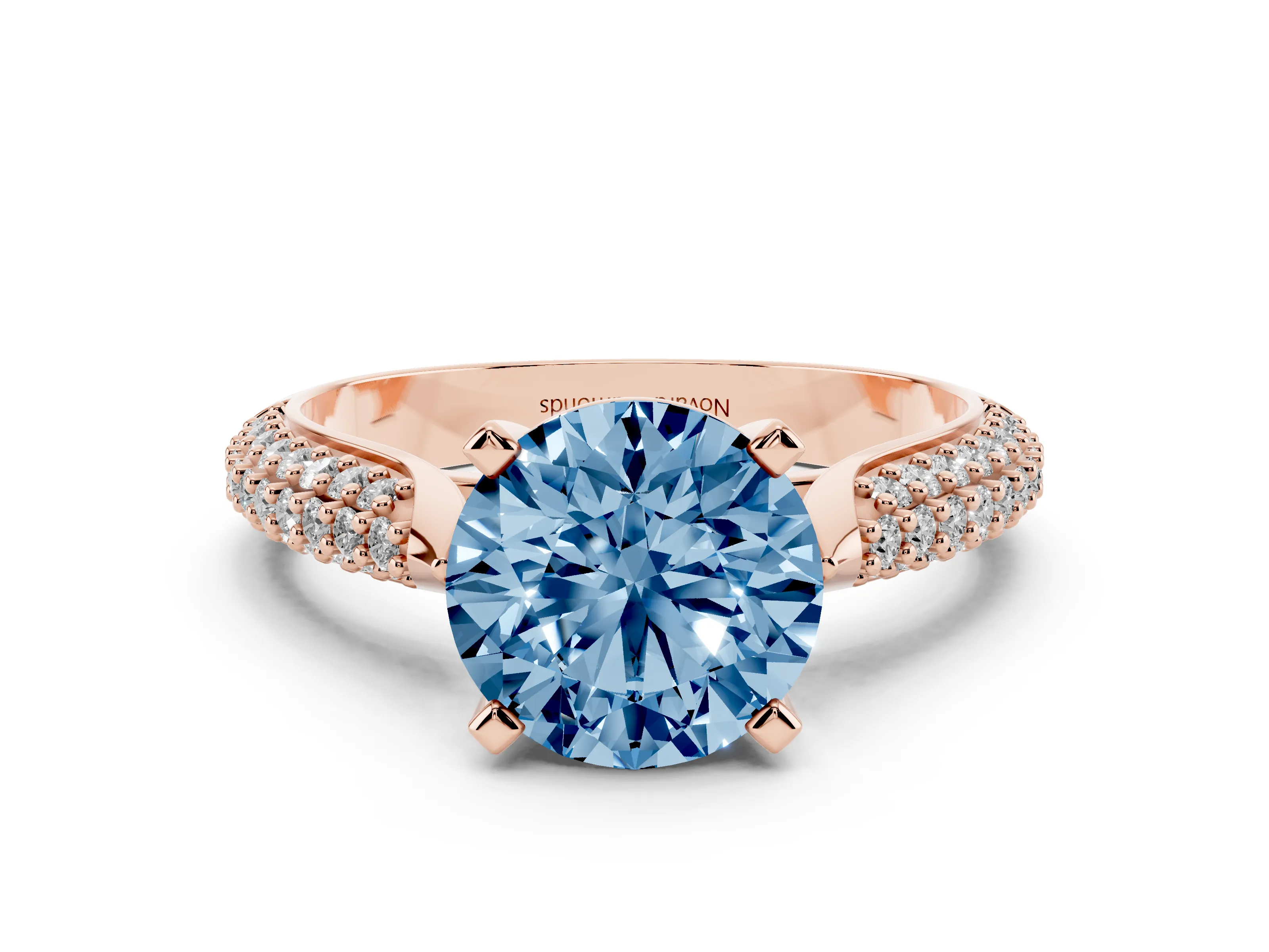 Fancy Blue Round Cut Diamond Solitaire Engagement Ring Set in Rose gold with Multi-Row Round Pavé Band and Prong Setting