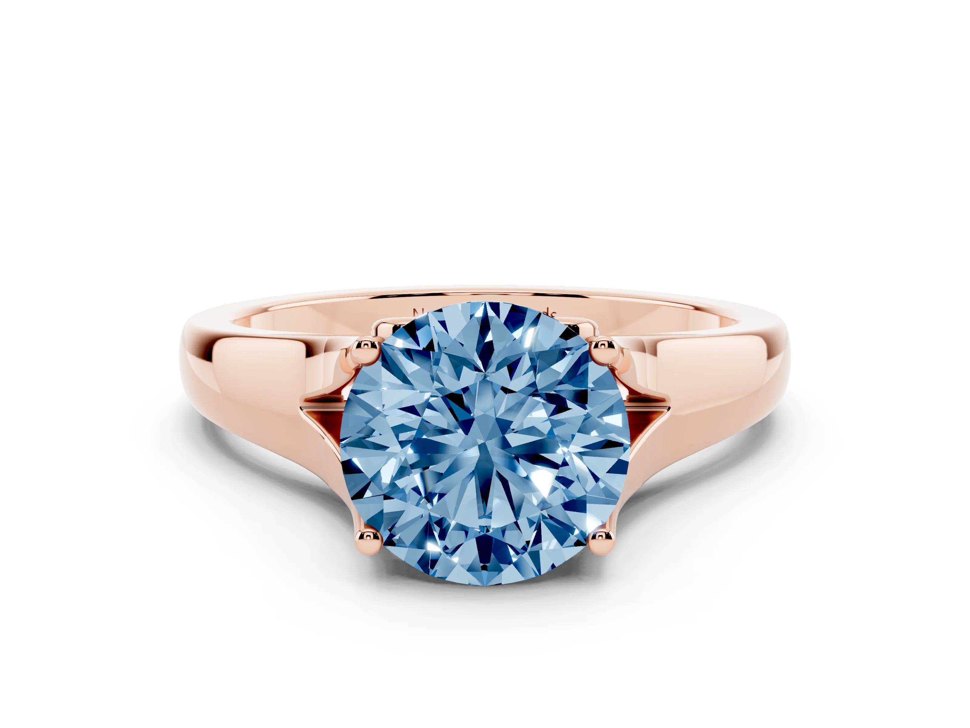 Fancy Blue Round Cut Diamond Solitaire Ring Set in Rose gold with Arched Cathedral Band and Prong Setting