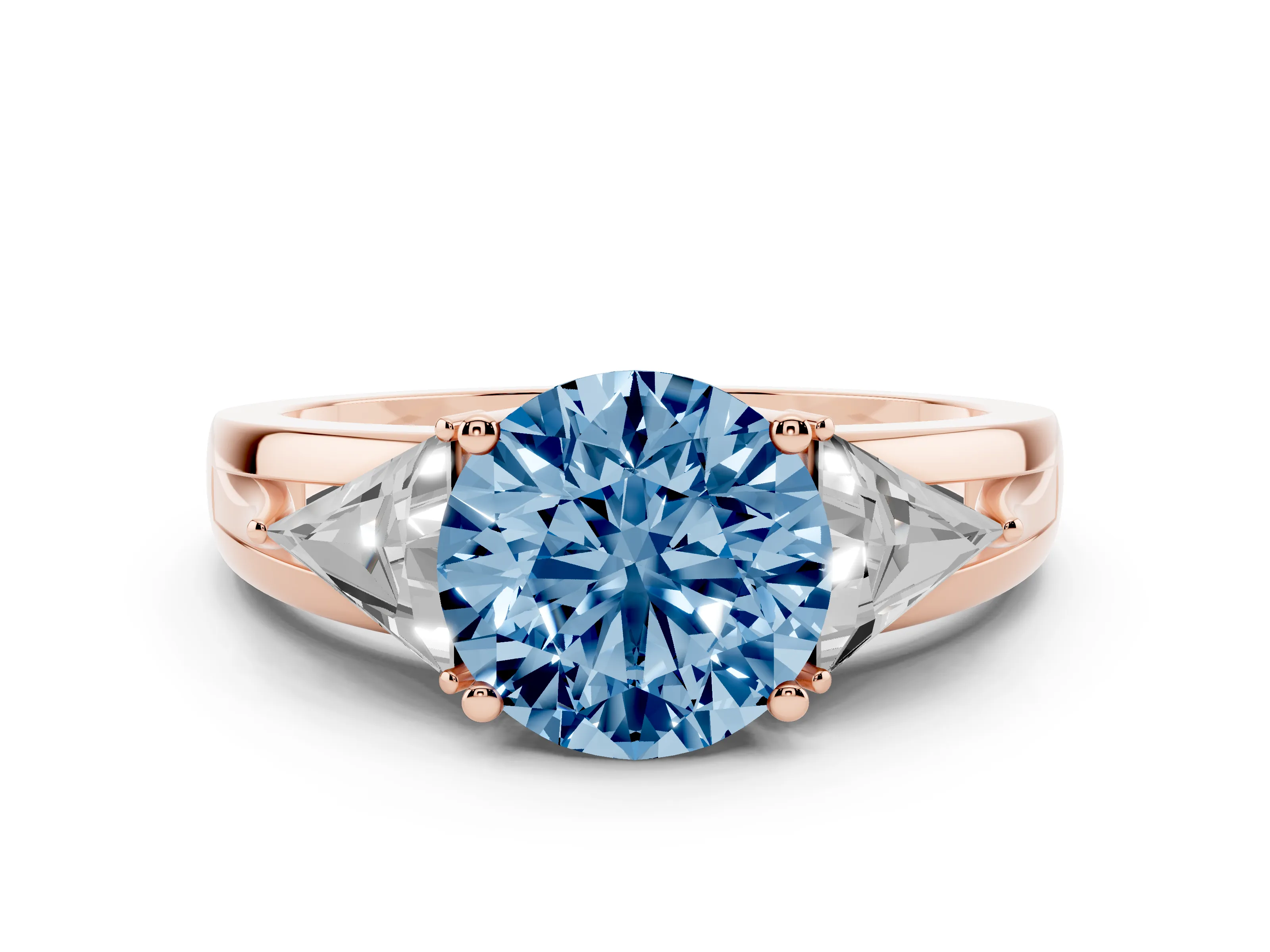 Fancy Blue Round Cut Diamond Three-Stone Ring Set in Rose gold with Trillion Side Stones and Split Shank