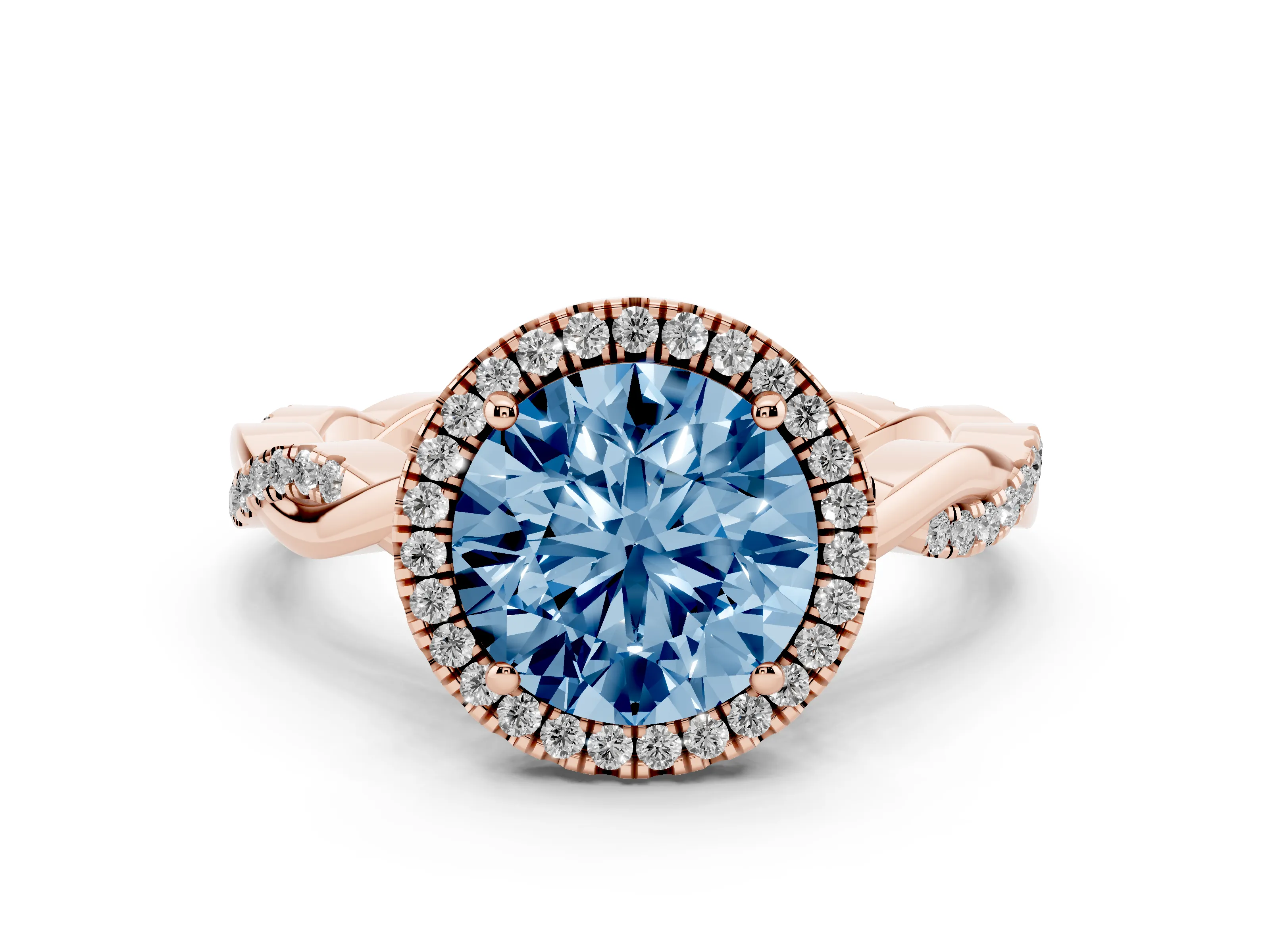 Fancy Blue Round Cut Diamond Halo Twisted Band Ring Set in Rose gold with Prong Setting