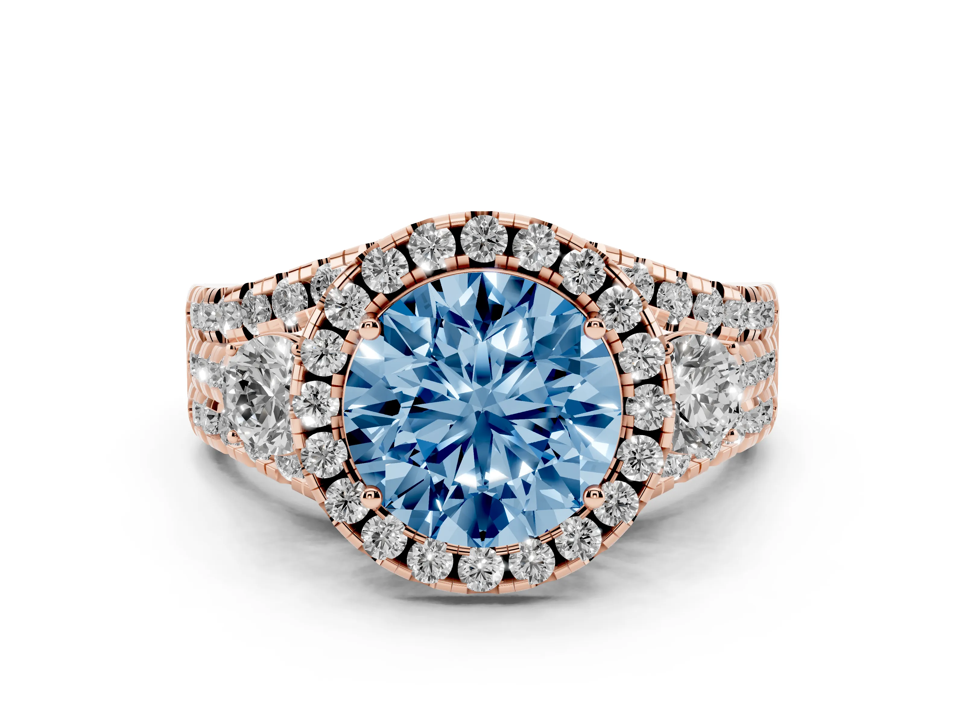 Fancy Blue Round Cut Diamond Halo Split Shank Ring Set in Rose gold with Round Accent Stones and Prong Setting