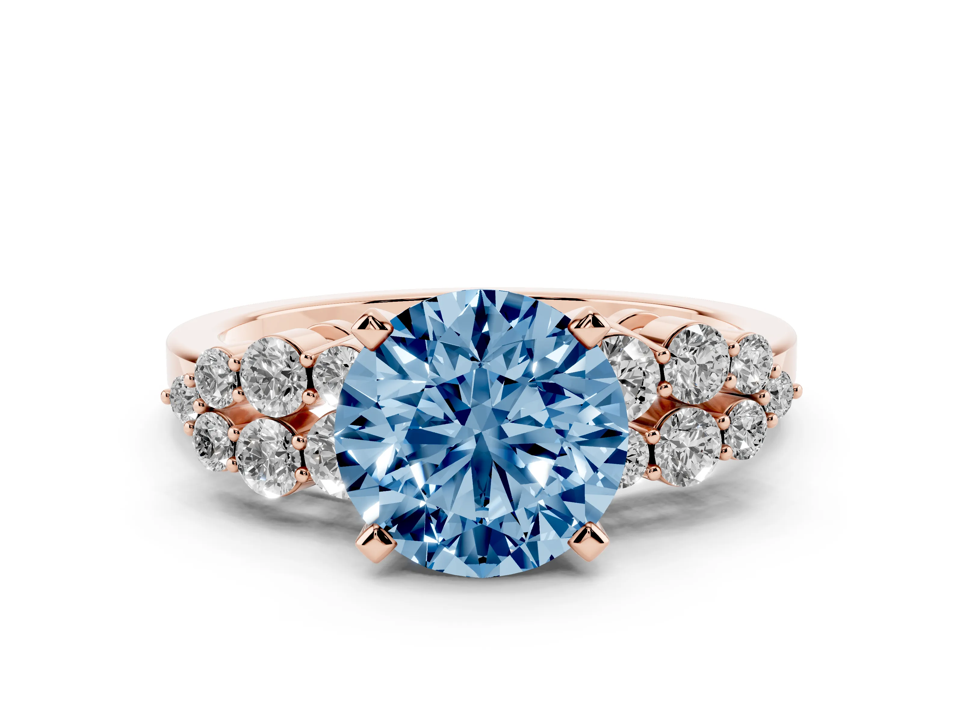 Fancy Blue Round Cut Diamond Cluster Engagement Ring Set in Rose gold with Pavé Band and Prong Setting