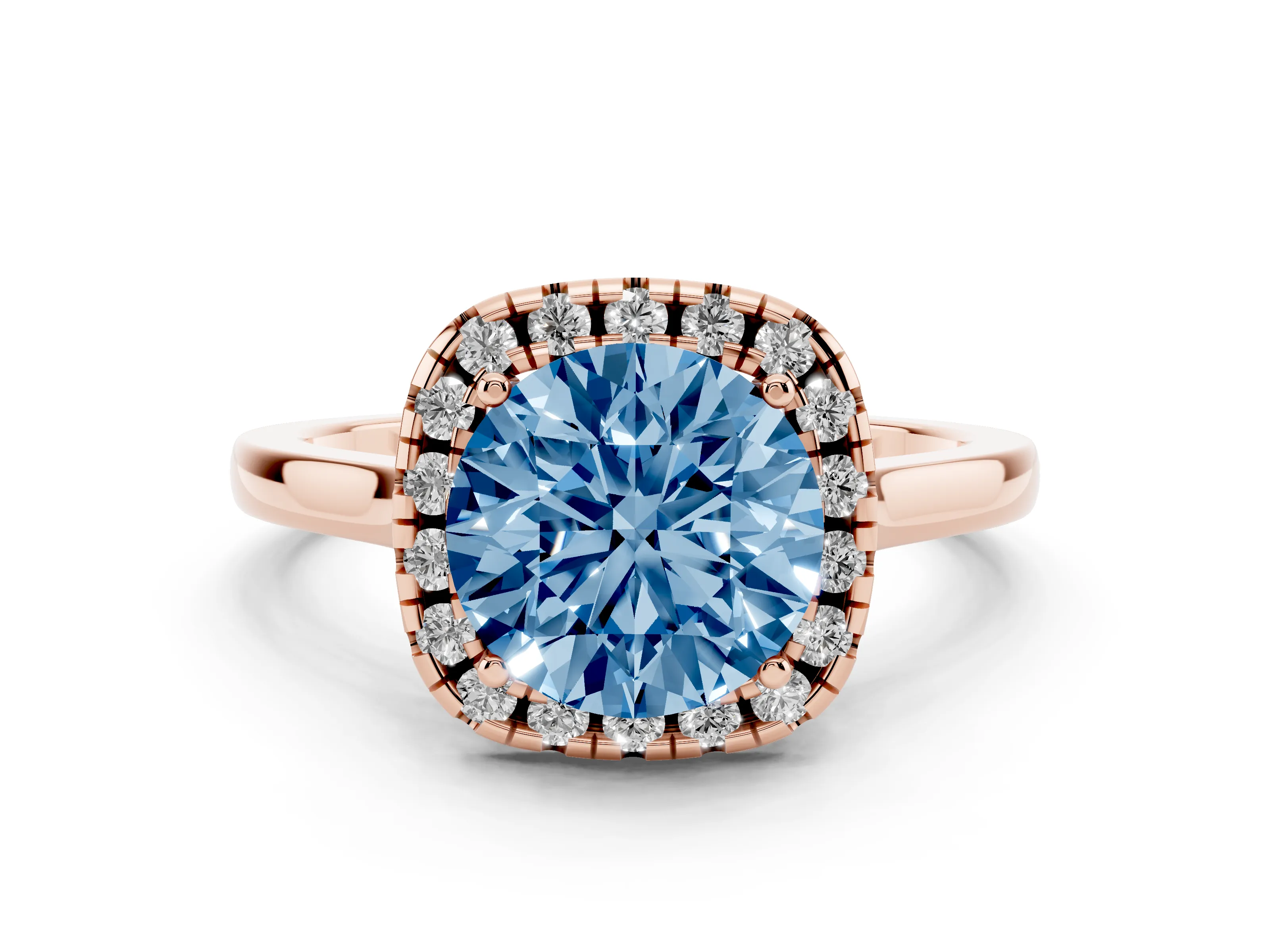 Fancy Blue Round Cut Halo Round Diamond Solitaire Ring Set in Rose gold with Pavé Band and Prong Setting