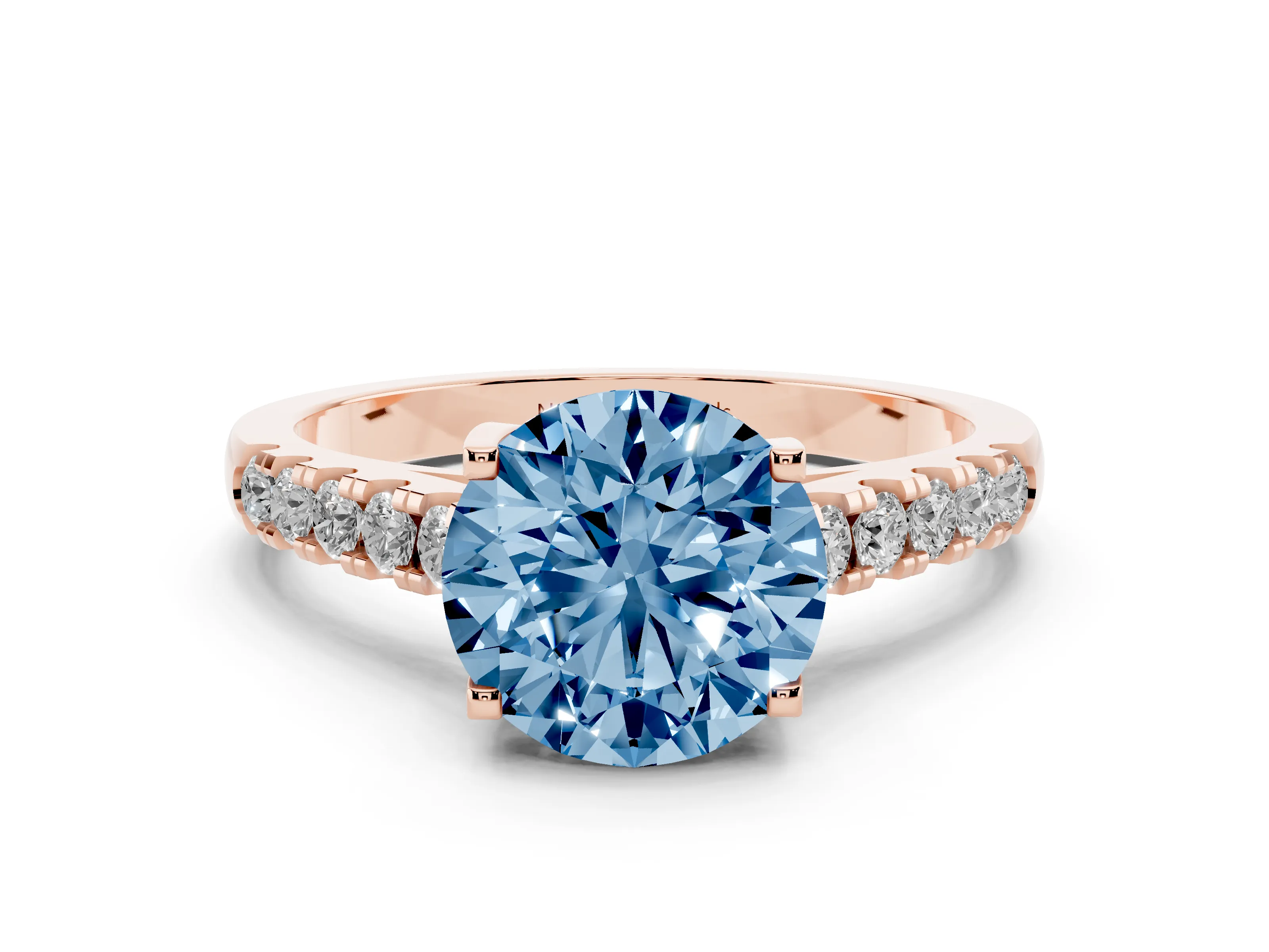 Fancy Blue Round Cut Diamond Pavé Band Solitaire Ring Set in Rose gold with Partway Accent Stones and Prong Setting