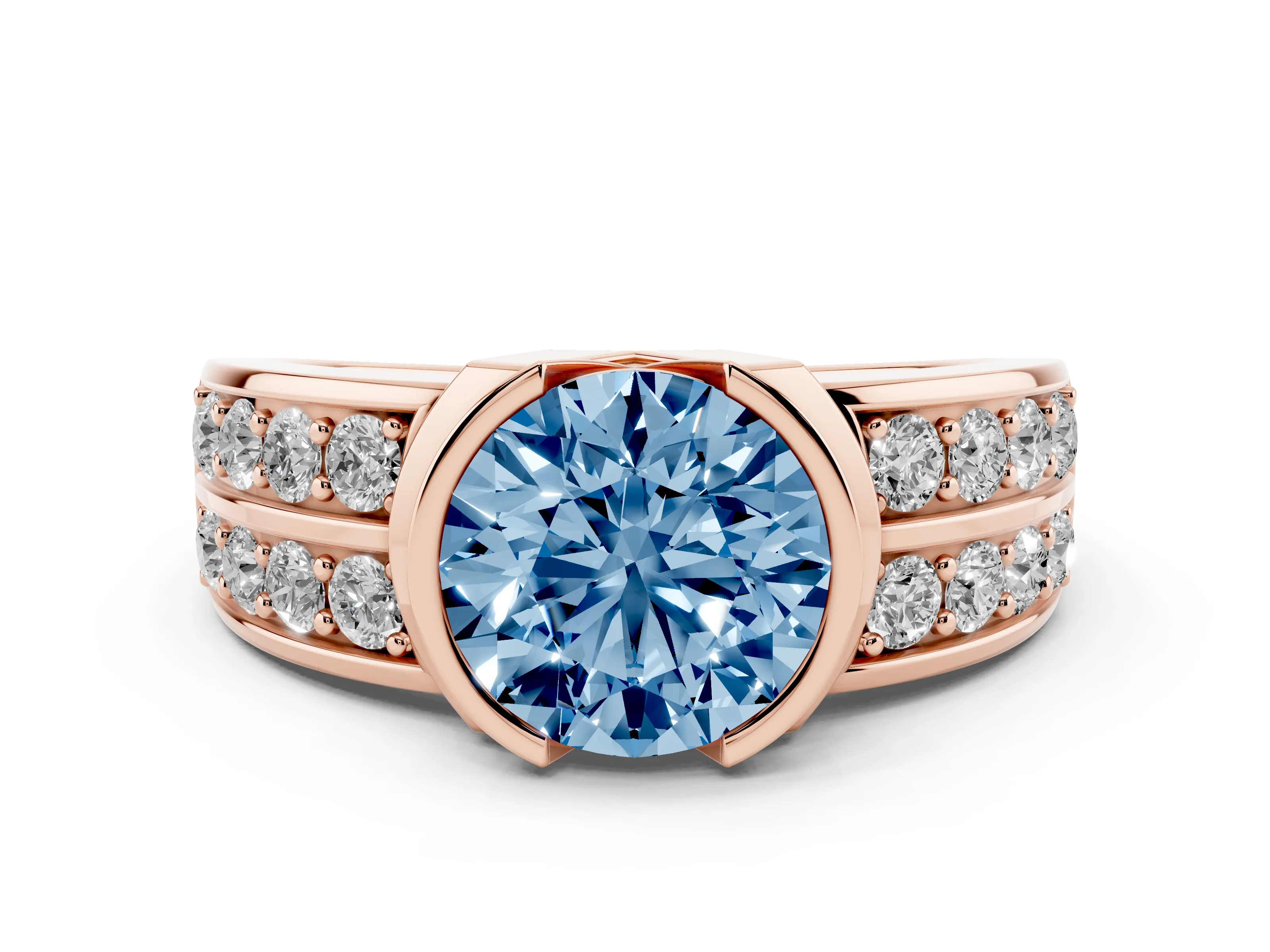 Fancy Blue Round Cut Diamond Wide Channel Set Band Ring Set in Rose gold with Bezel Setting