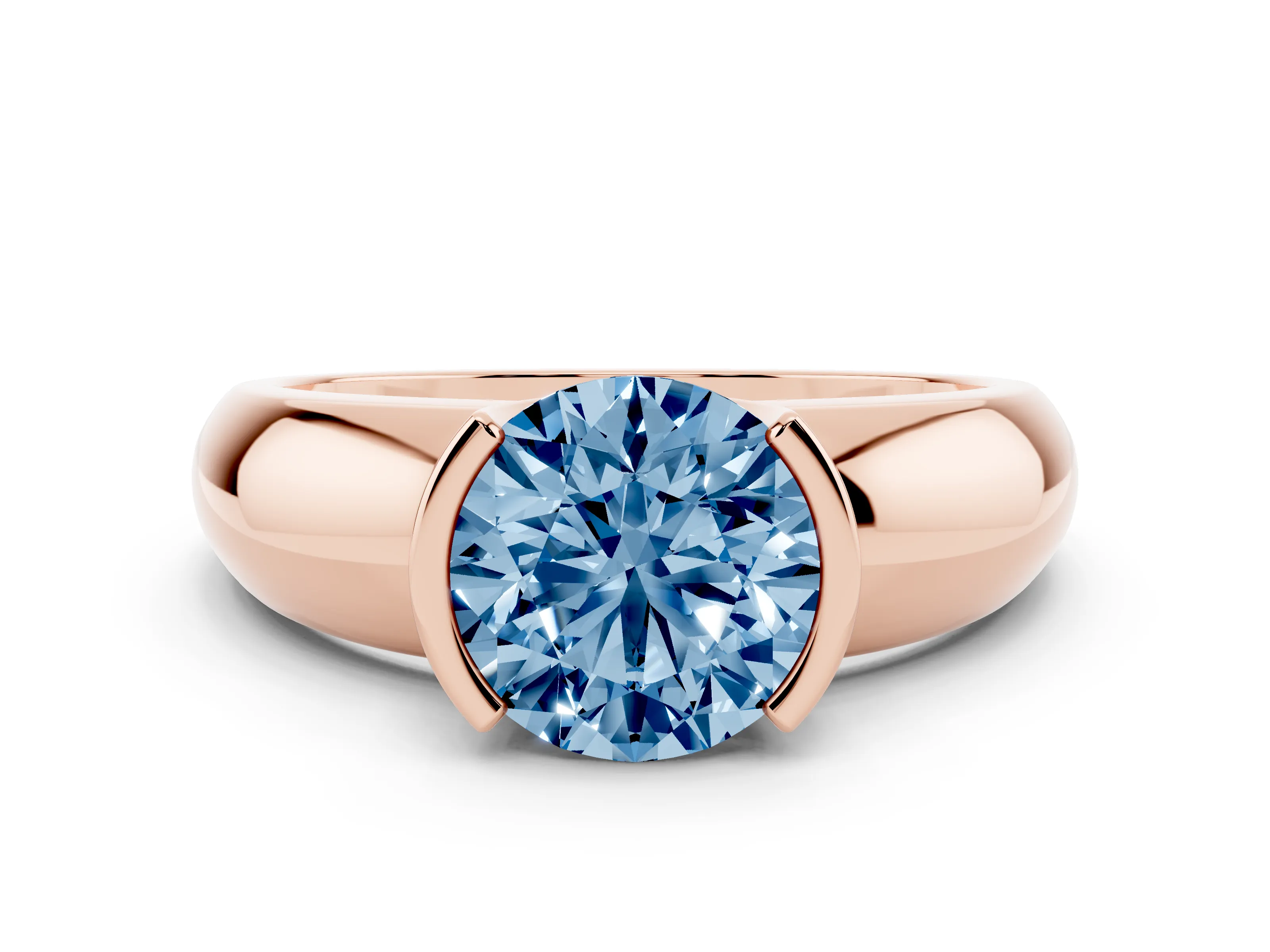 Fancy Blue Round Cut Diamond Solitaire Tension Set Ring Set in Rose gold with Wide Band