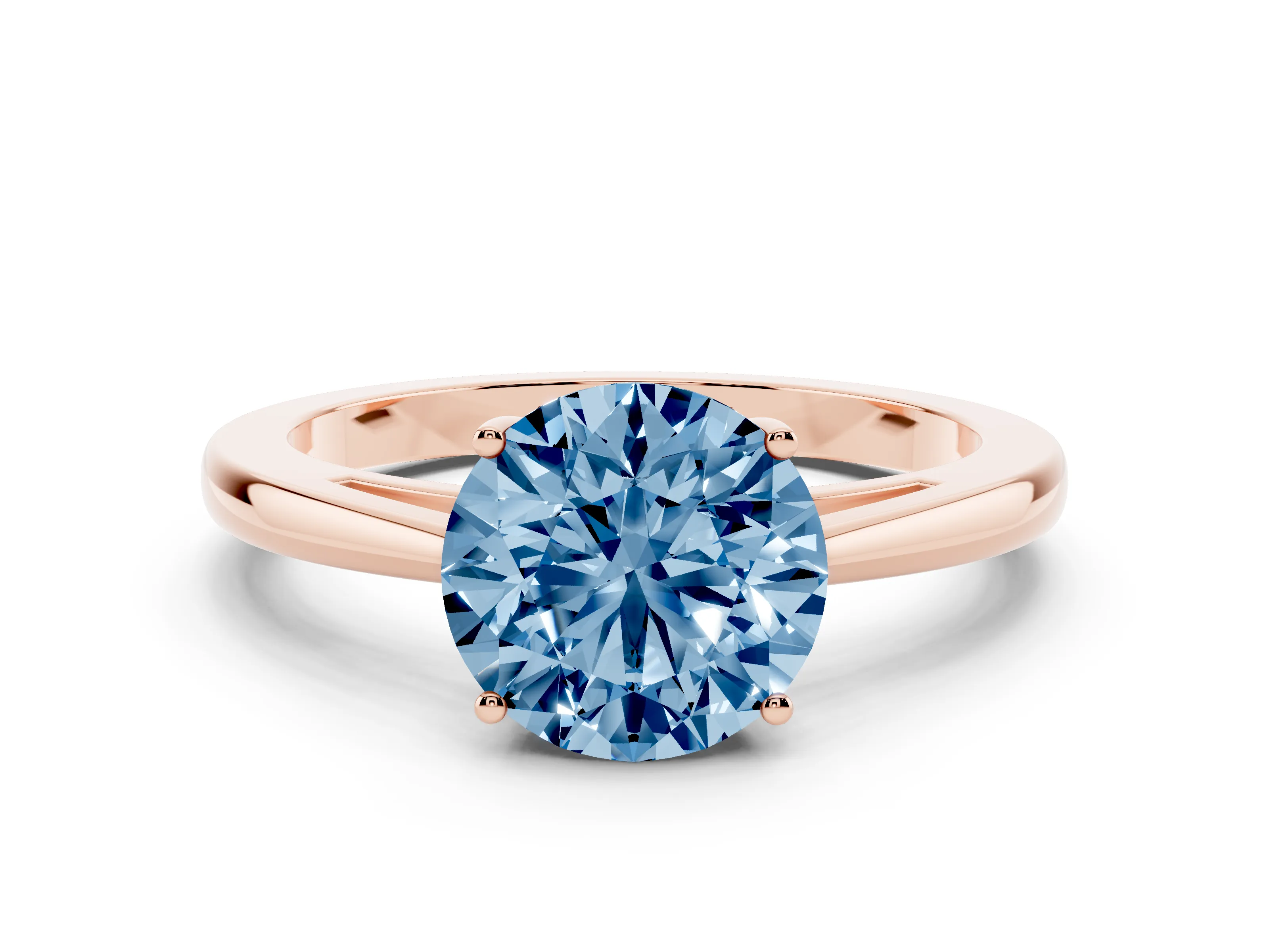 Fancy Blue Round Cut Diamond Solitaire Ring Set in Rose gold with Split Shank and Prong Setting