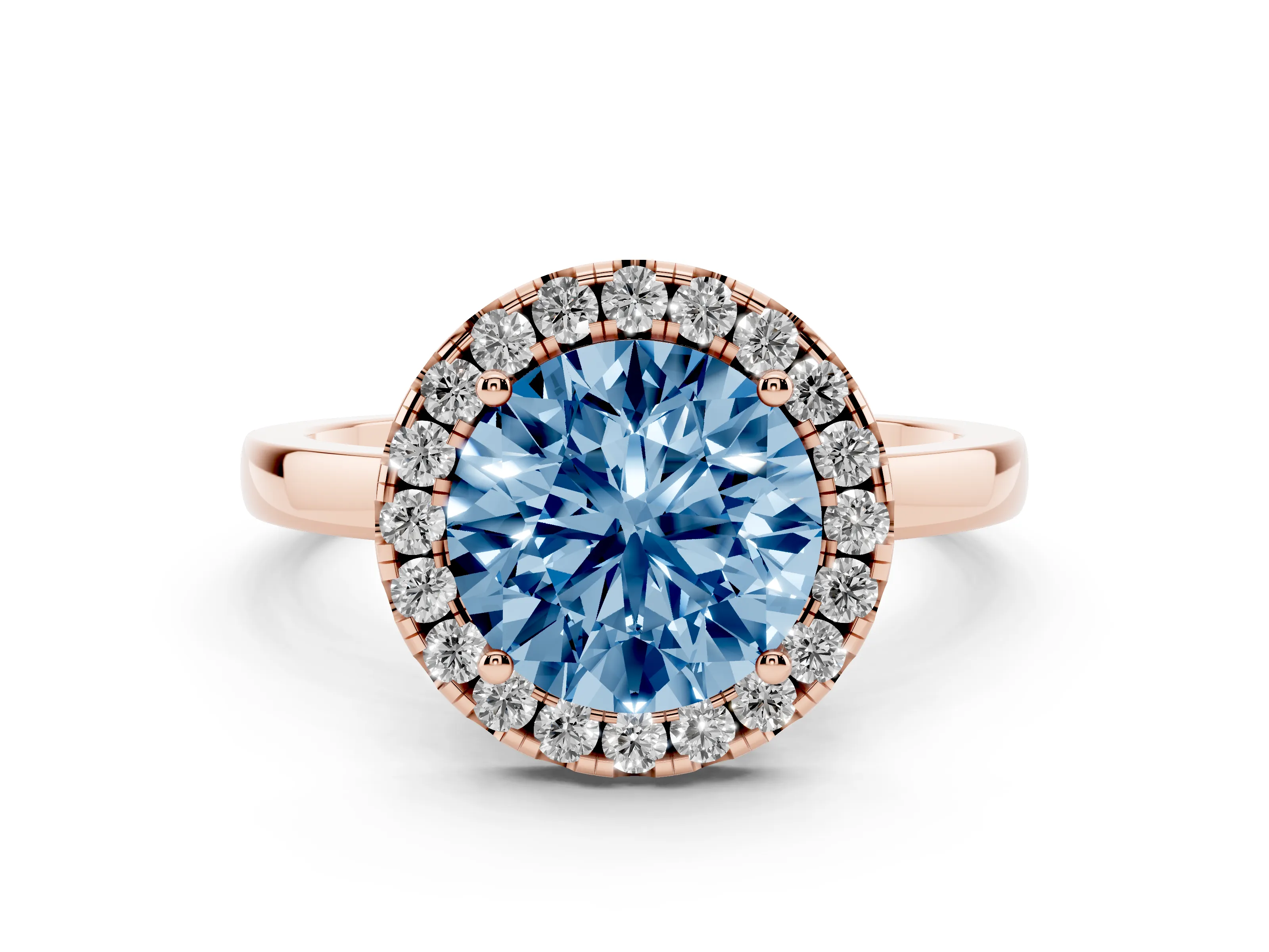 Fancy Blue Round Cut Diamond Halo Solitaire Ring Set in Rose gold with Pavé Band and Prong Setting