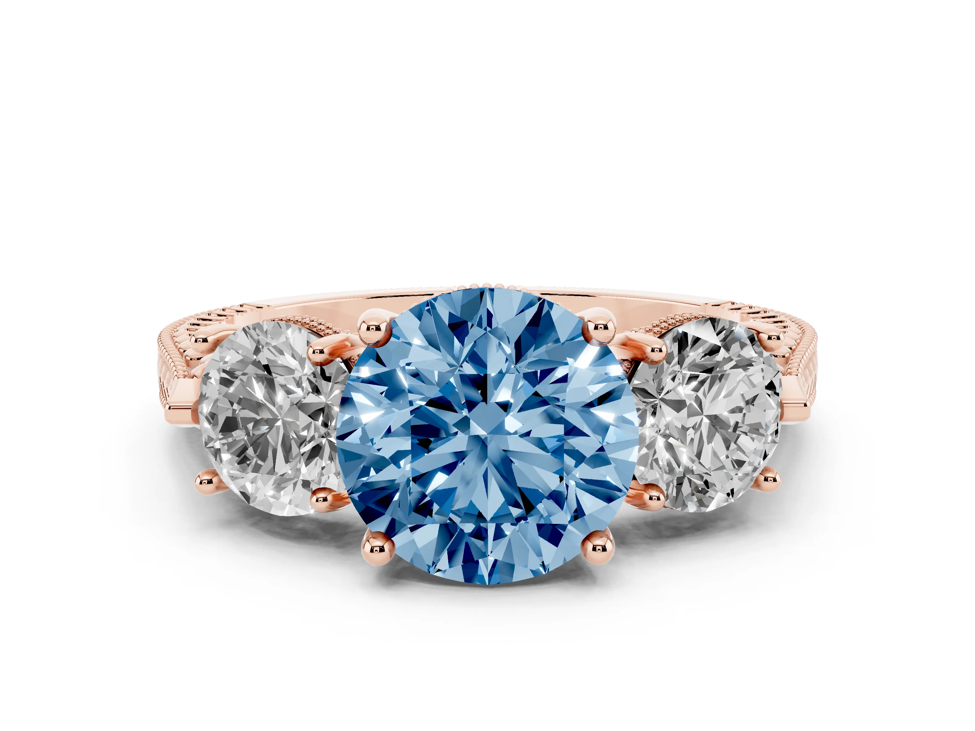 Fancy Blue Round Cut Diamond Three-Stone Ring Set in Rose gold with Milgrain Band