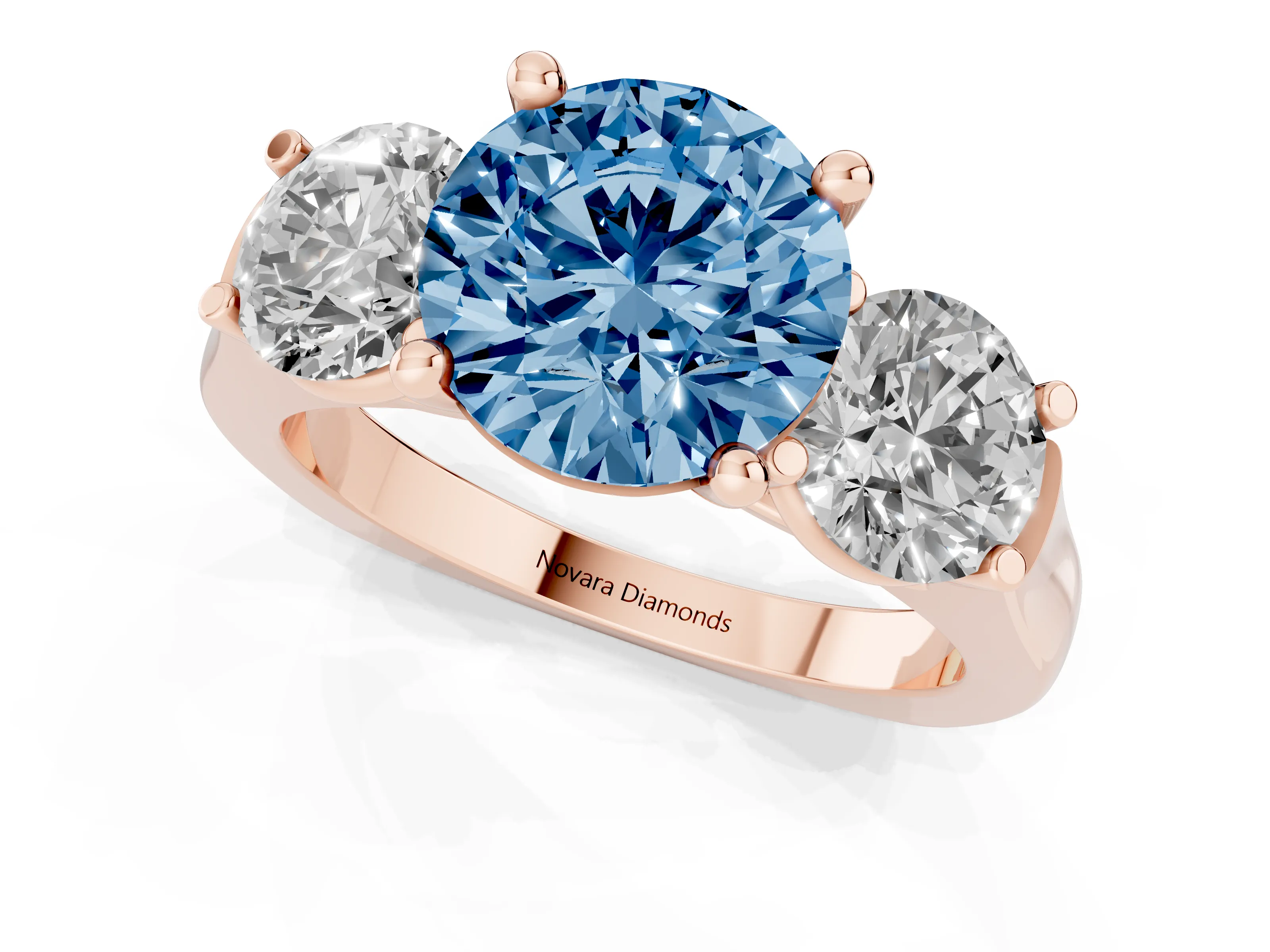 Fancy Blue Round Cut Diamond Three-Stone Trellis Ring Set in Rose gold with Comfort Fit Band