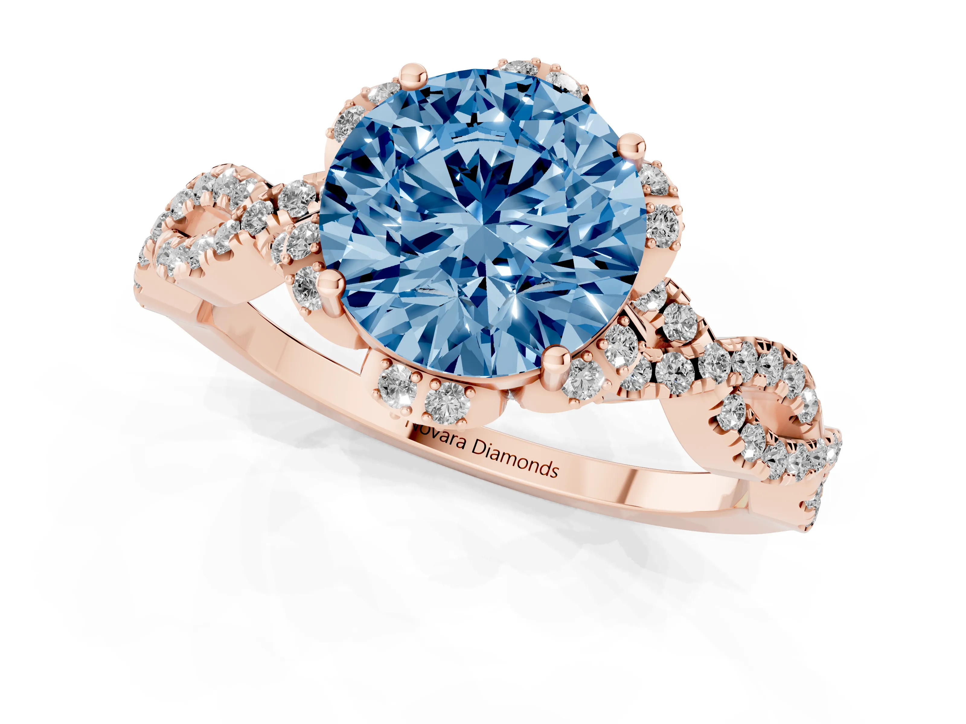 Fancy Blue Round Cut Diamond Halo Twist Band Solitaire Ring Set in Rose gold with Prong-Set Center Stone