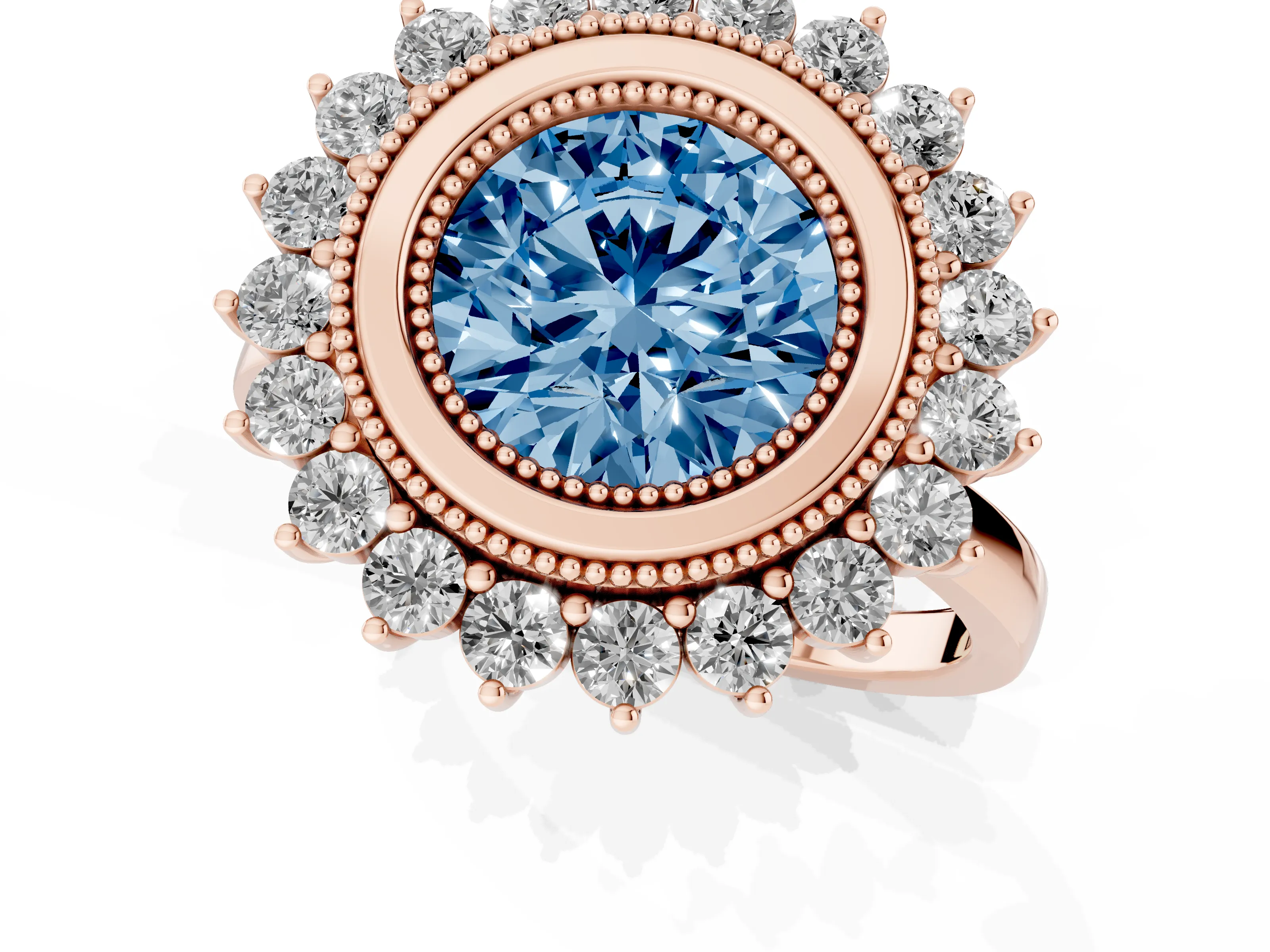 Fancy Blue Round Cut Diamond Halo Ring Set in Rose gold with Milgrain Edge and Round Prong Setting