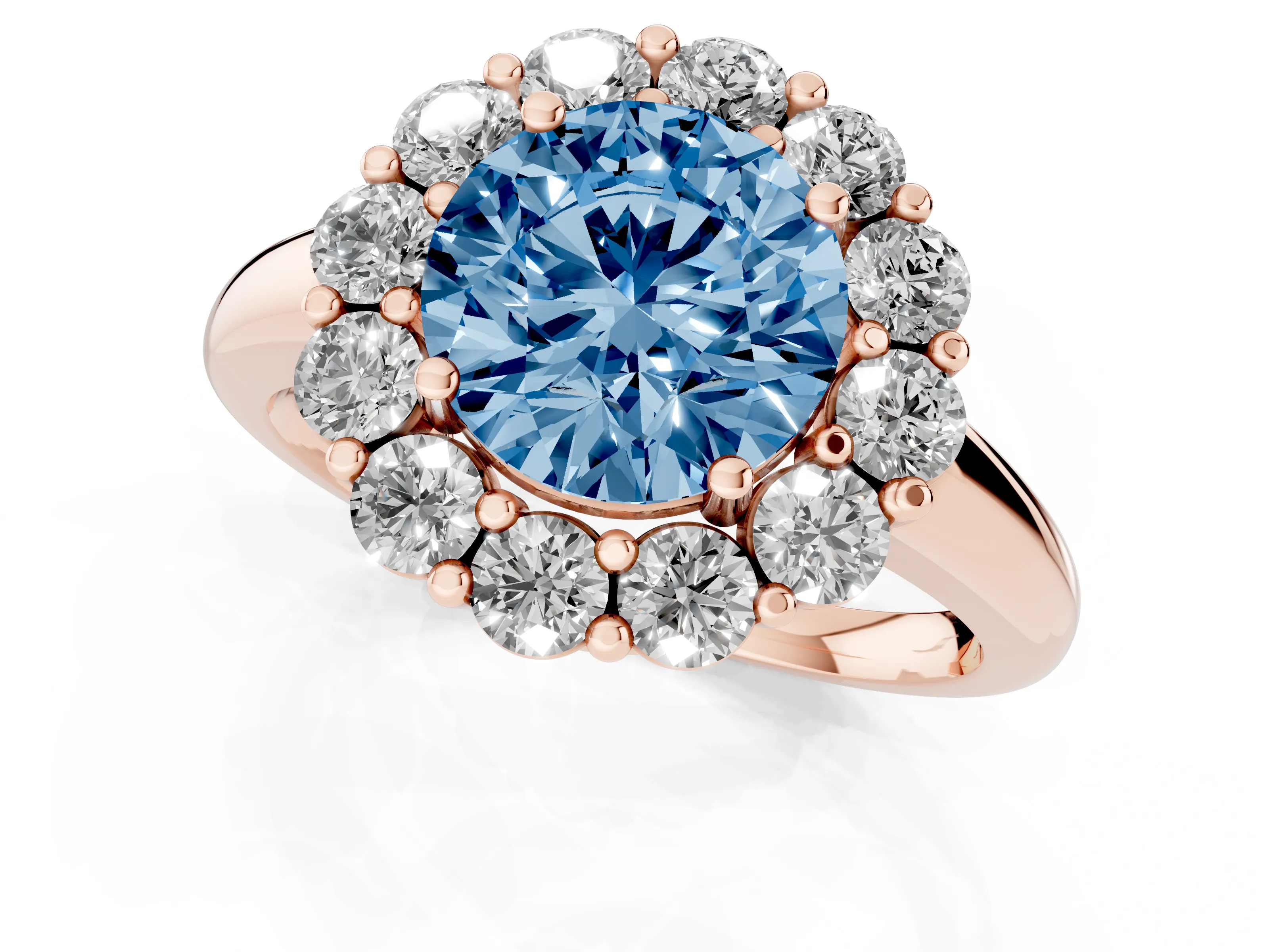 Fancy Blue Round Cut Diamond Halo Cluster Engagement Ring Set in Rose gold with Polished Band and Prong Setting