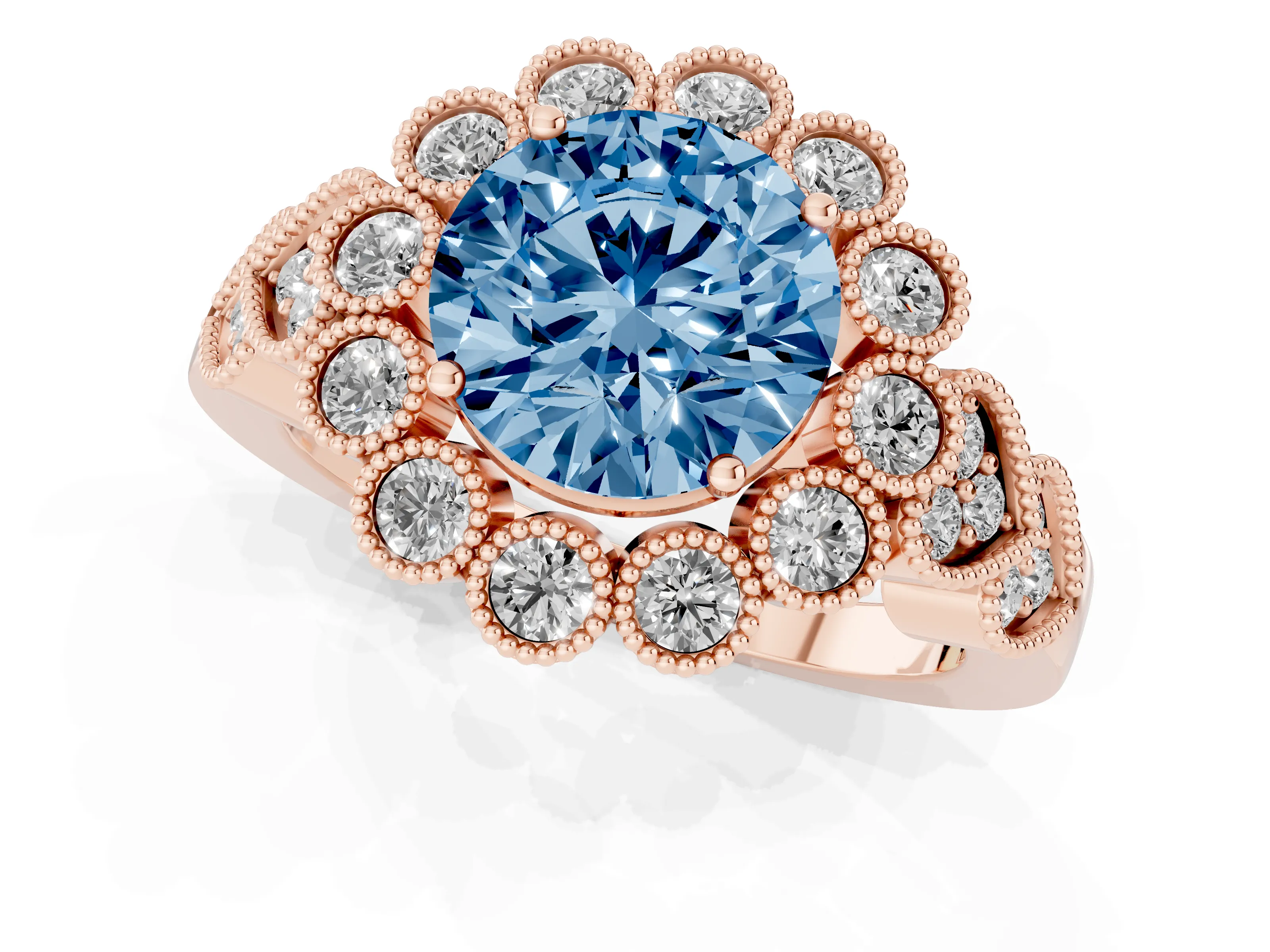 Fancy Blue Round Cut Diamond Solitaire Ring Set in Rose gold with Milgrain Pavé Heart Band