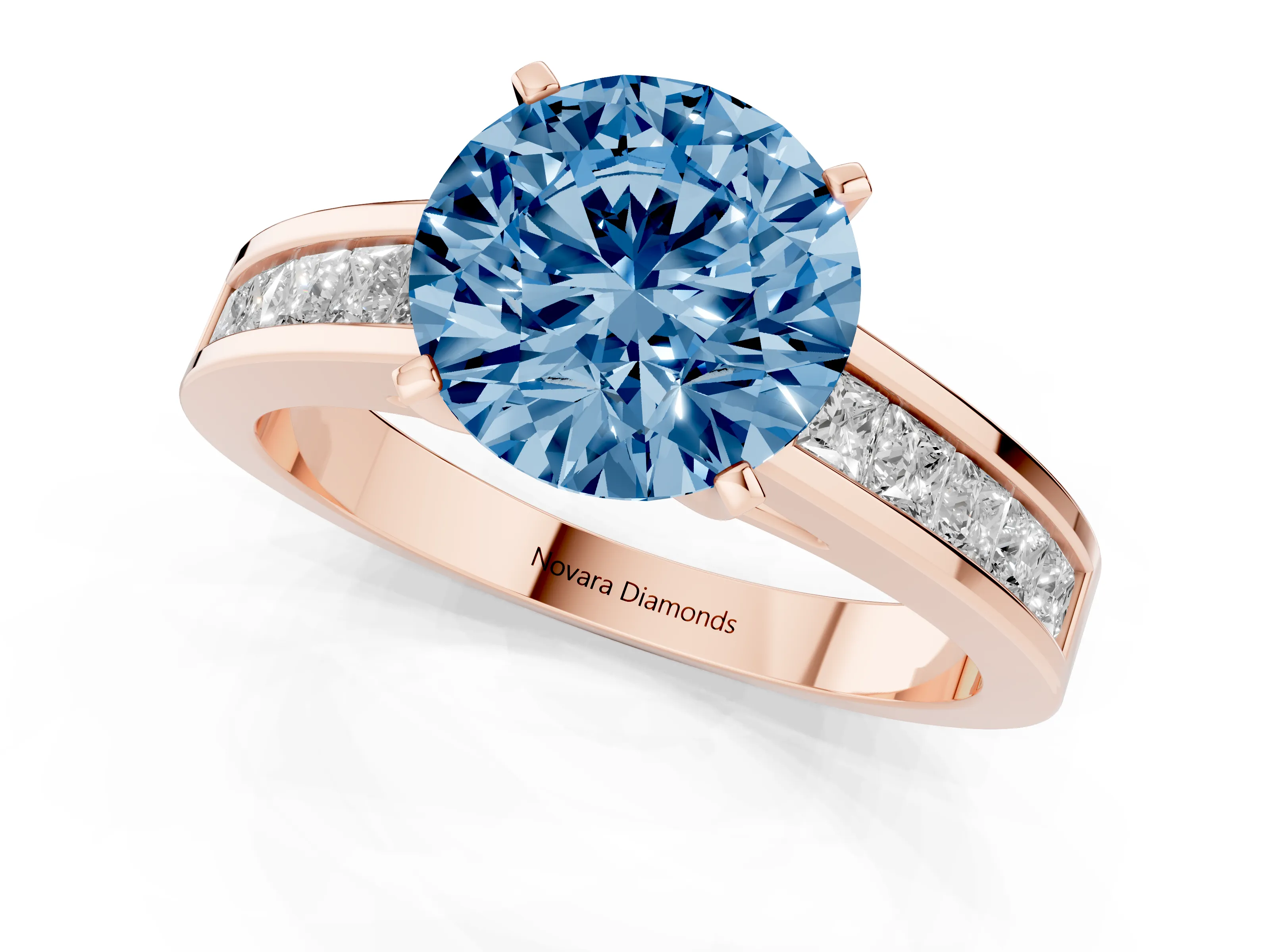 Fancy Blue Round Cut Diamond Solitaire Ring Set in Rose gold with Channel-Set Band and Prong Setting
