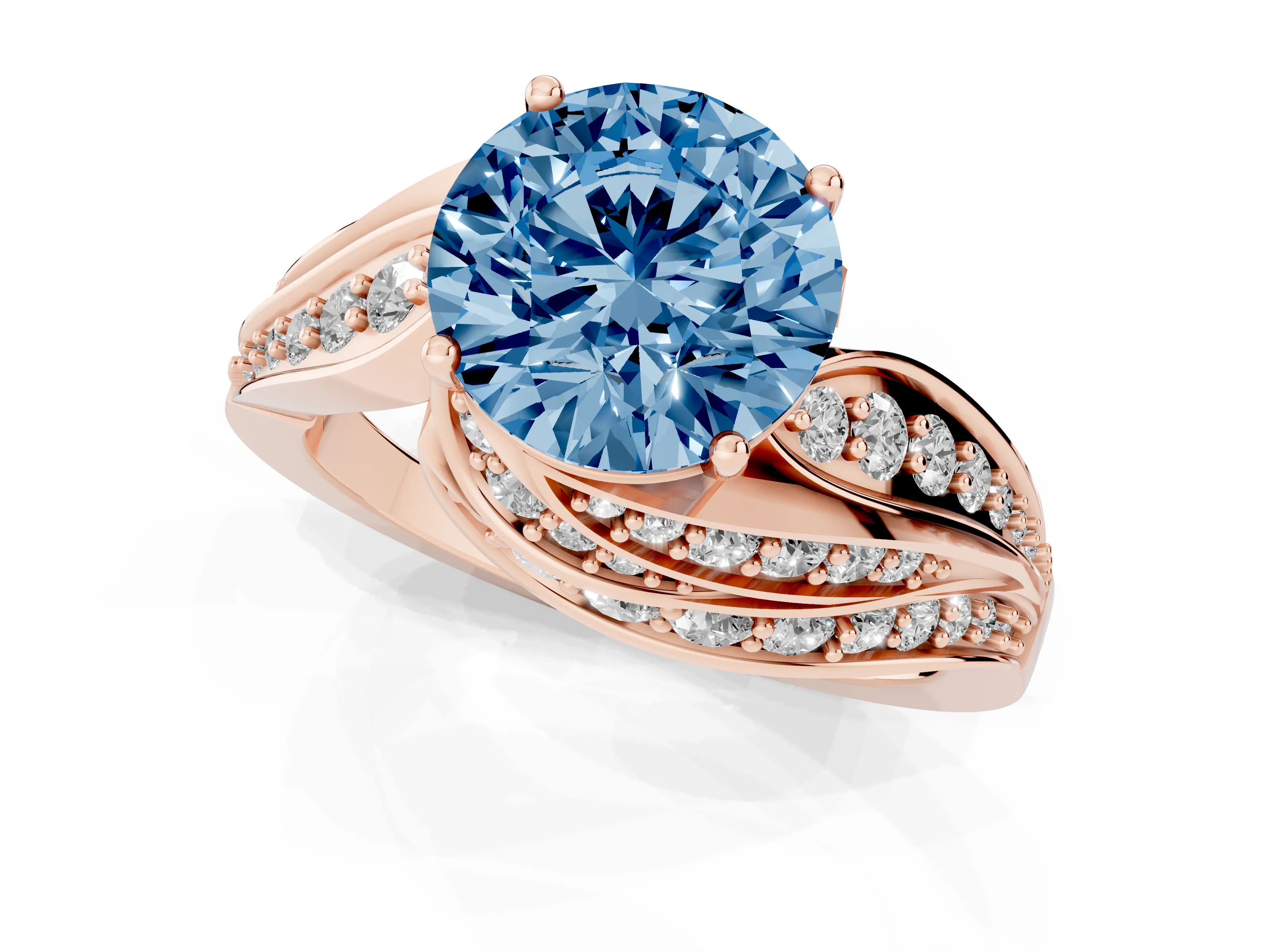 Fancy Blue Round Cut Diamond Solitaire Ring Set in Rose gold with Layered Twist Pavé Band