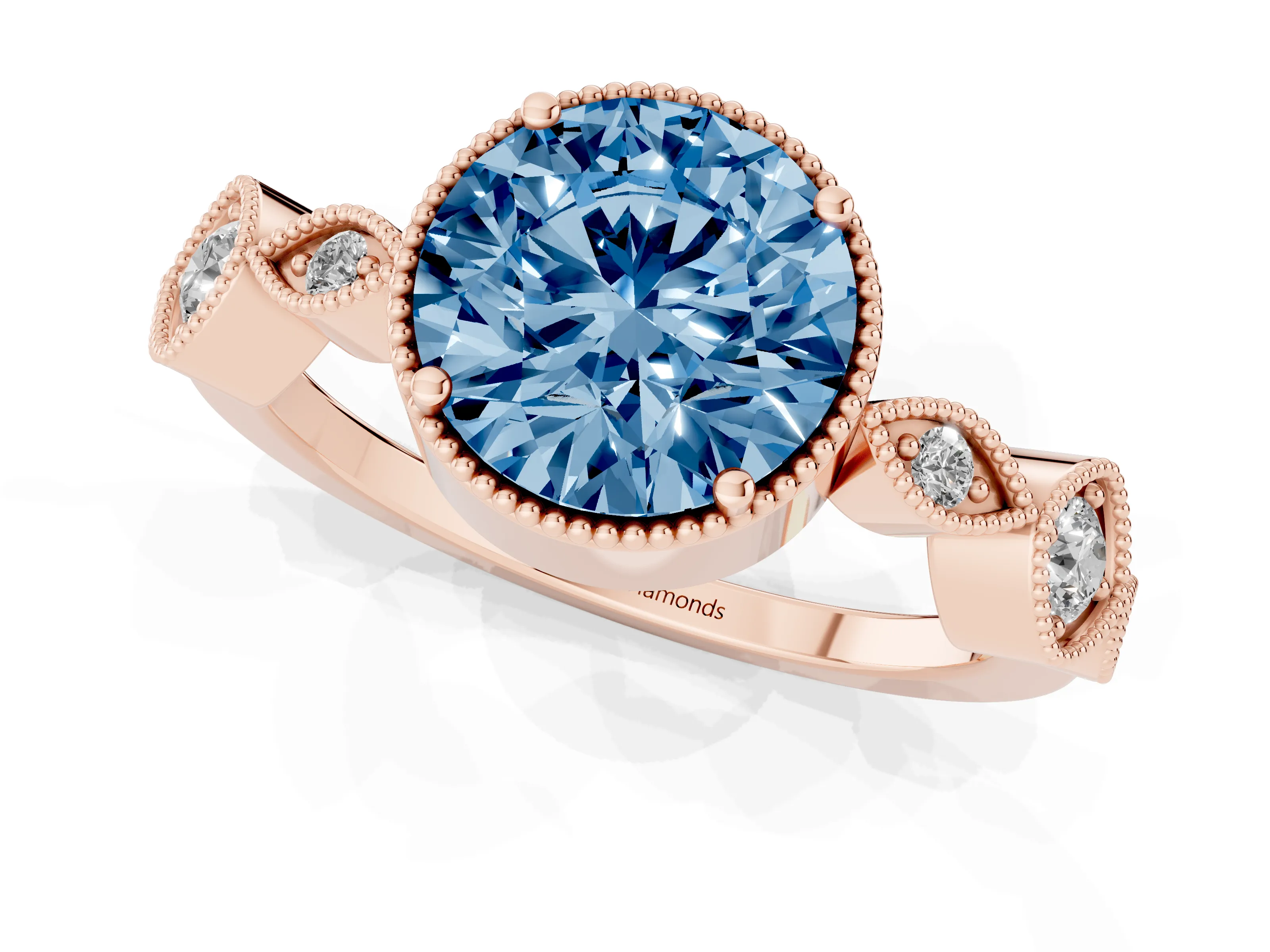 Fancy Blue Round Cut Diamond Vintage-Inspired Milgrain Ring Set in Rose gold with Marquise Stations of Round Accents
