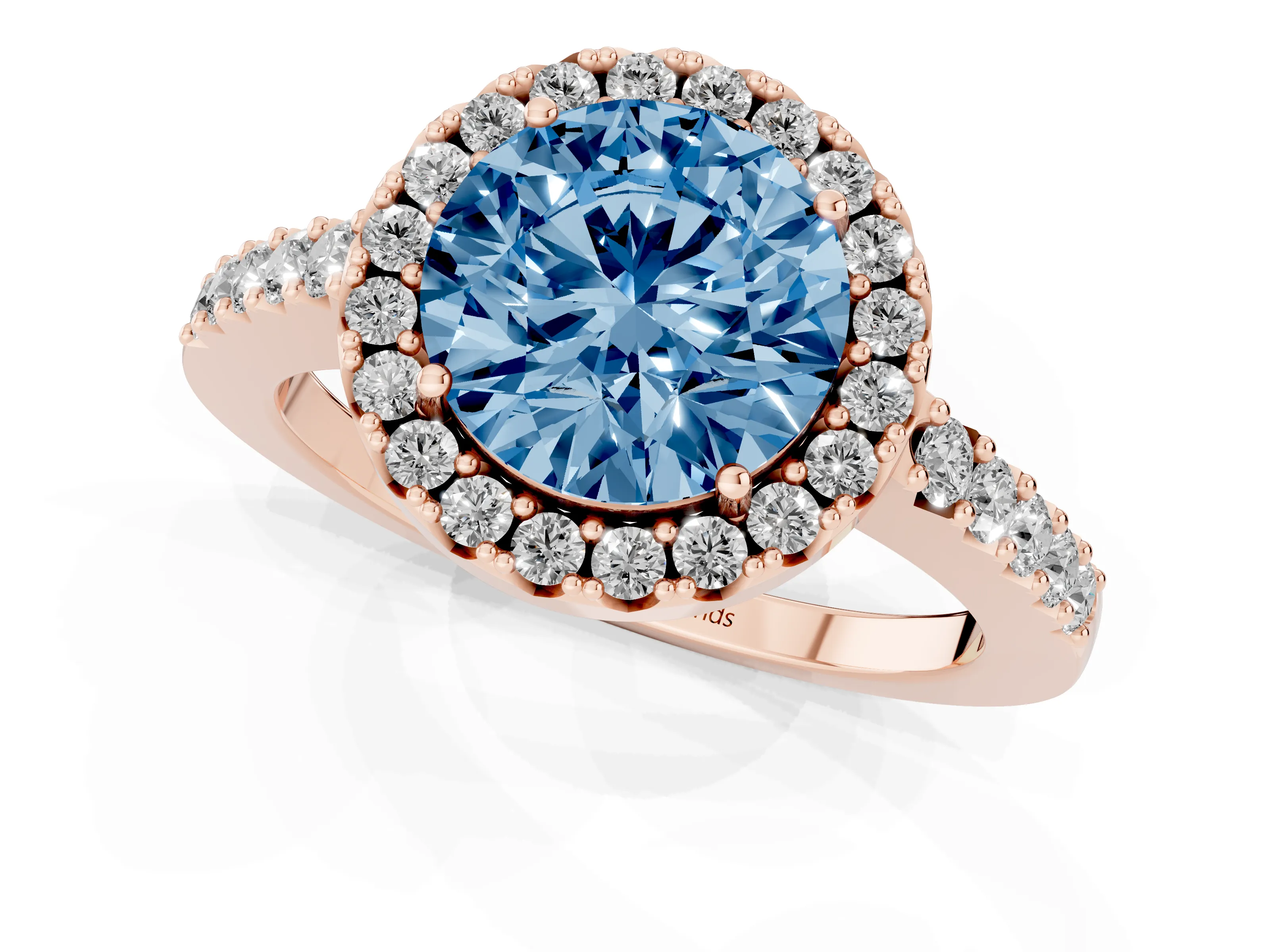 Fancy Blue Round Cut Diamond Halo Pavé Solitaire Ring Set in Rose gold with Prong-Set Center Stone