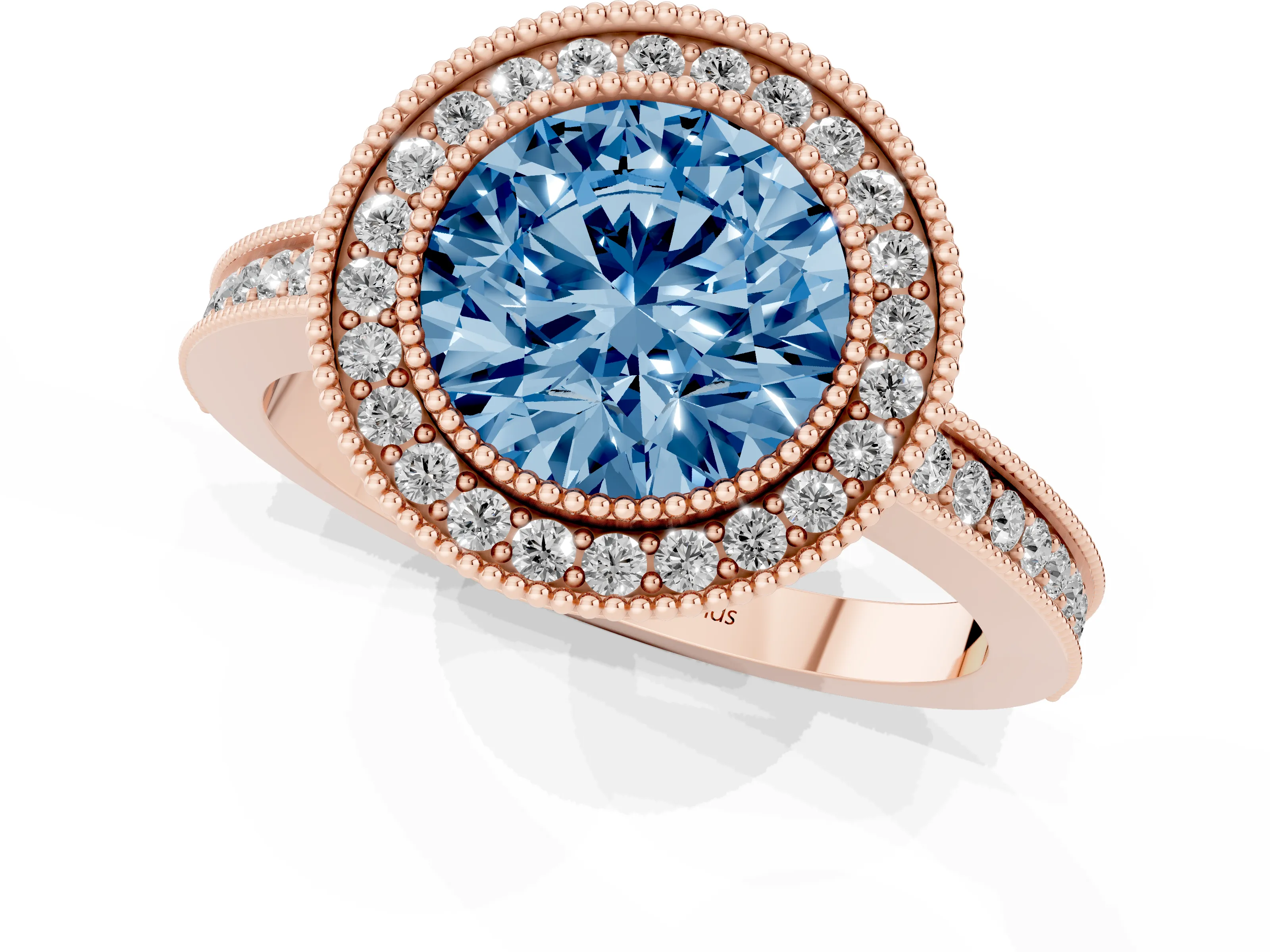 Fancy Blue Round Cut Diamond Halo Ring Set in Rose gold with Pavé Band and Milgrain-Edged Prongs