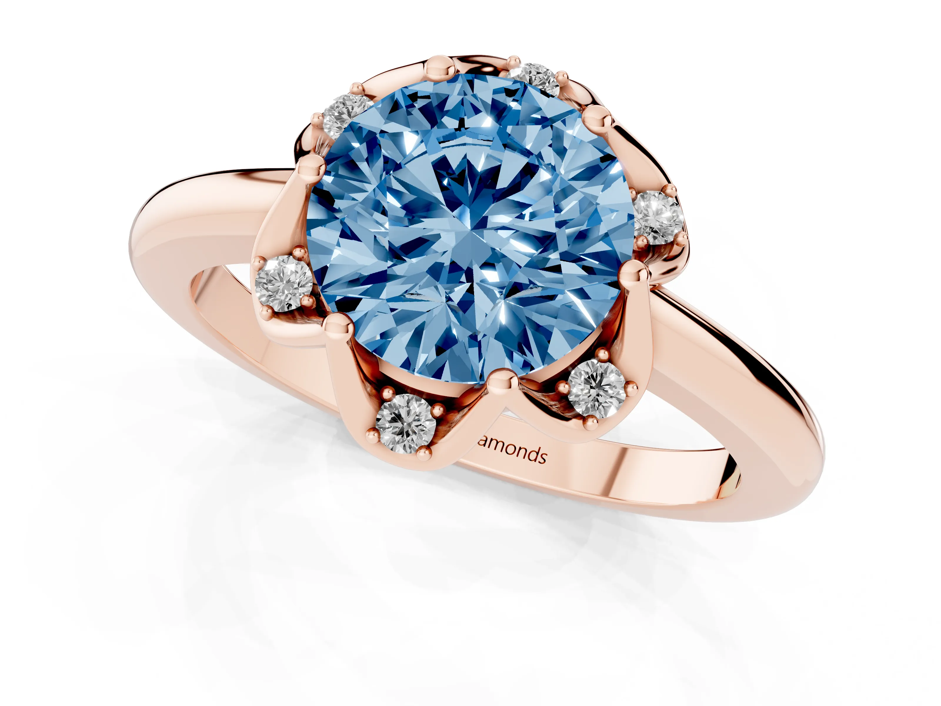 Fancy Blue Round Cut Diamond Round Cluster Halo Ring Set in Rose gold with Solitaire Band and Prong Setting