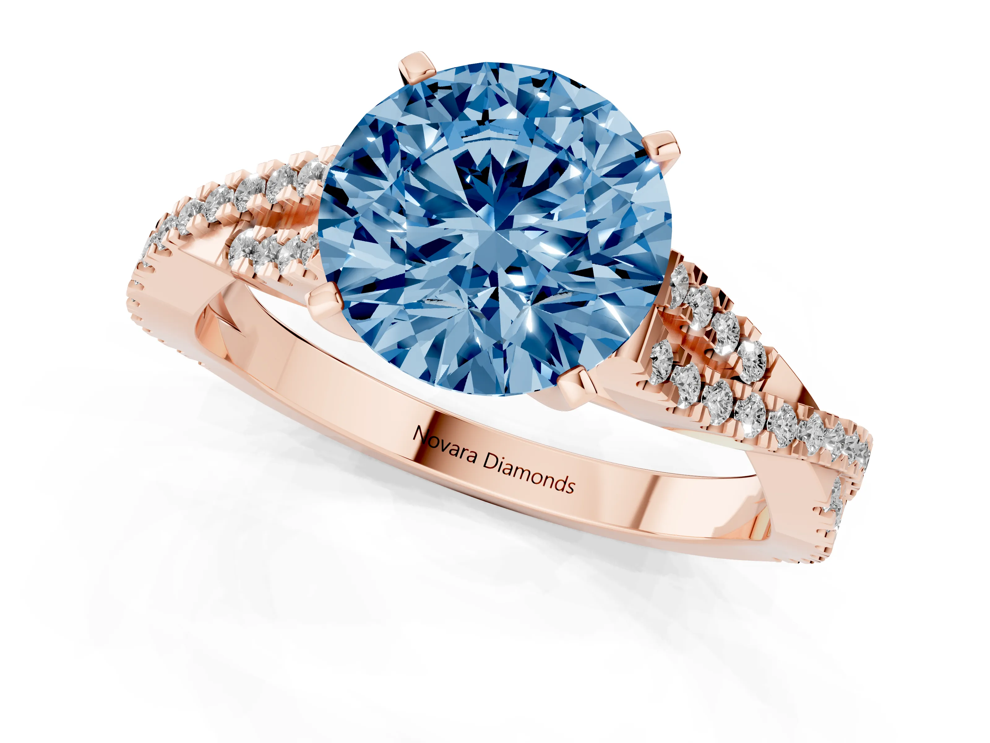 Fancy Blue Round Cut Diamond Solitaire Engagement Ring Set in Rose gold with Twisted Pavé Band and Prong Setting