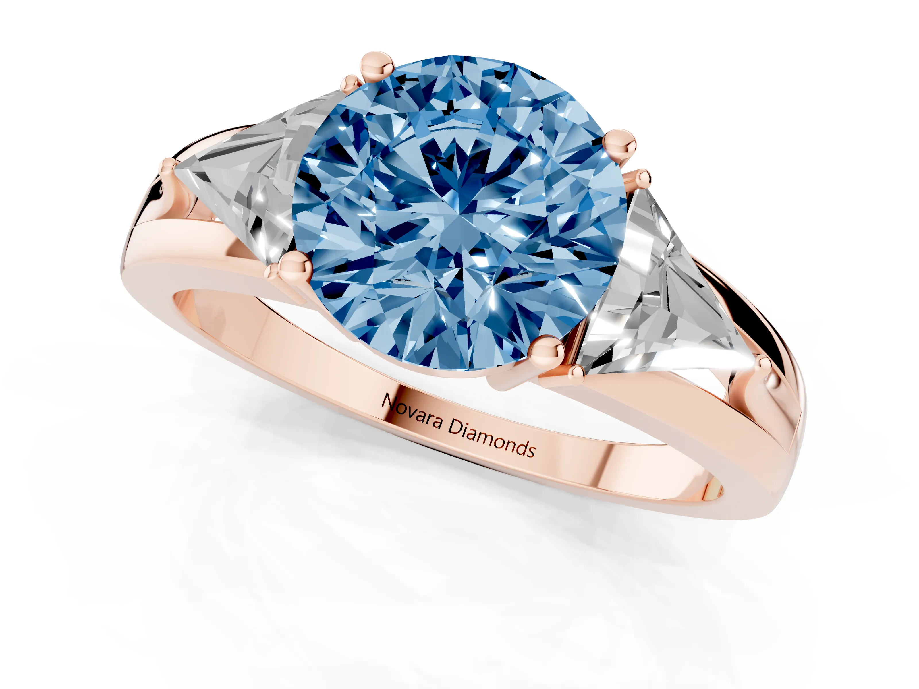 Fancy Blue Round Cut Diamond Three-Stone Ring Set in Rose gold with Trillion Side Stones and Split Shank