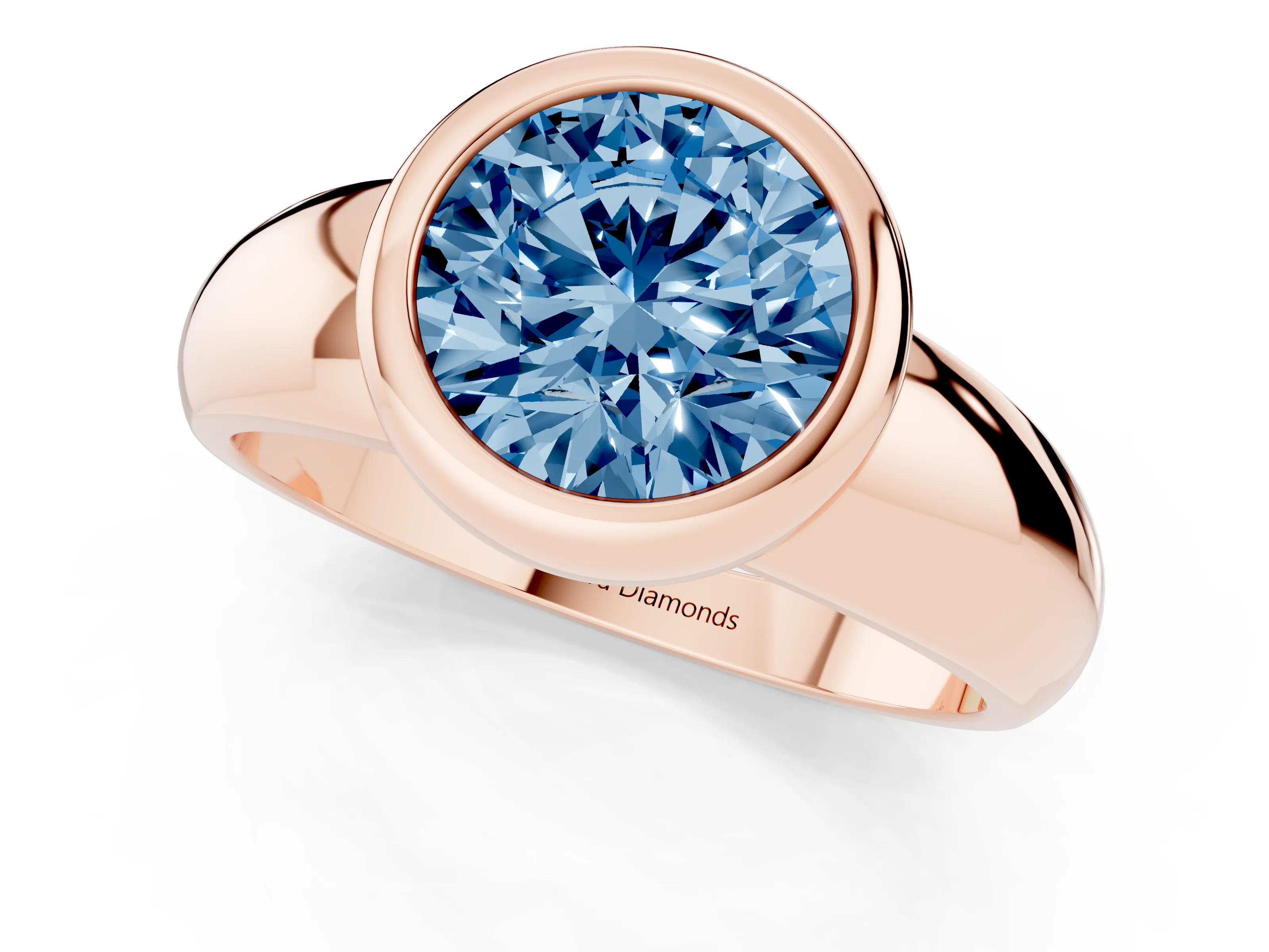 Fancy Blue Bezel Set Round Cut Diamond Solitaire Ring Set in Rose gold with Wide Band