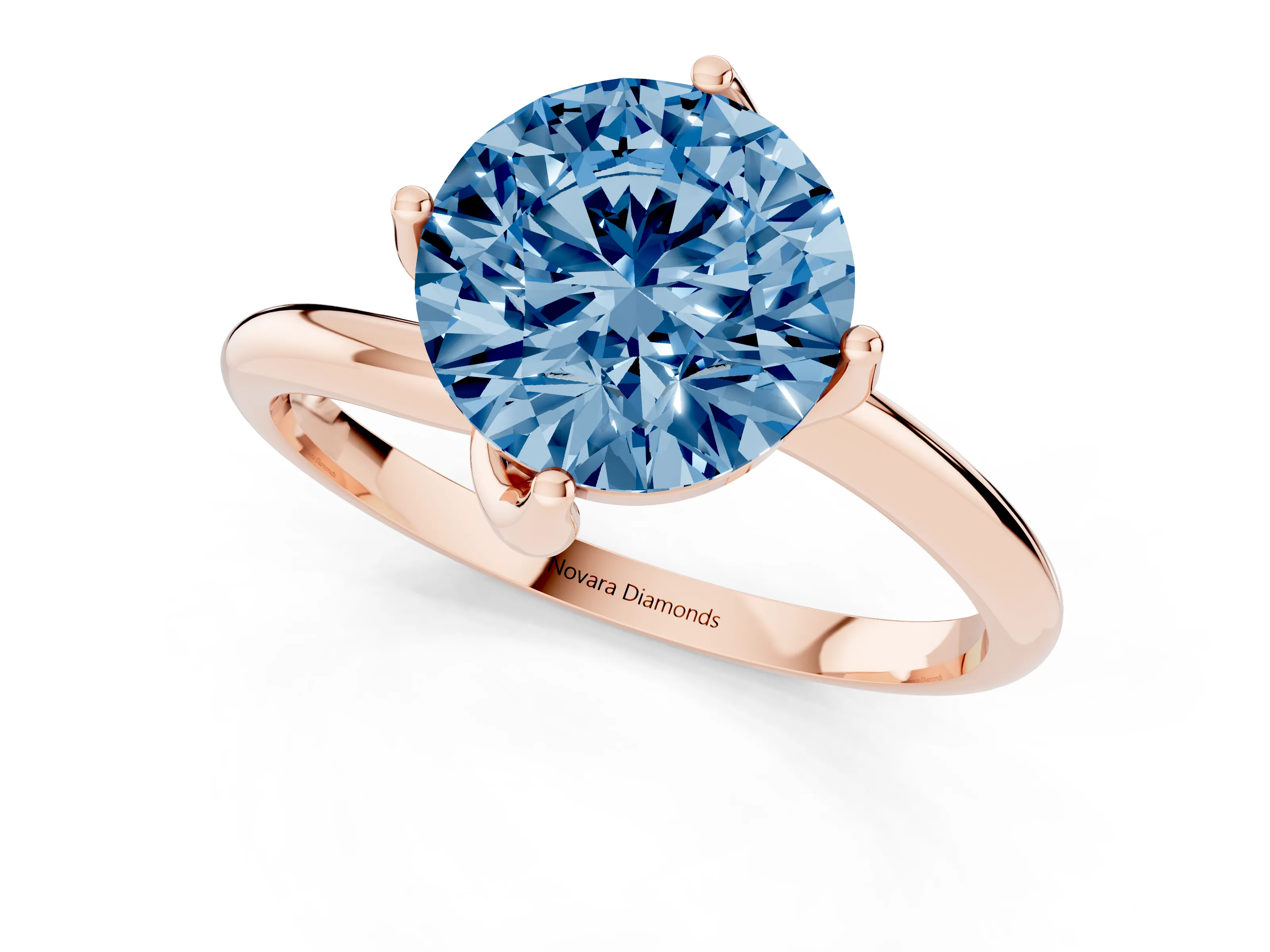 Fancy Blue Round Cut Diamond Solitaire Engagement Ring Set in Rose gold with Classic Plain Band