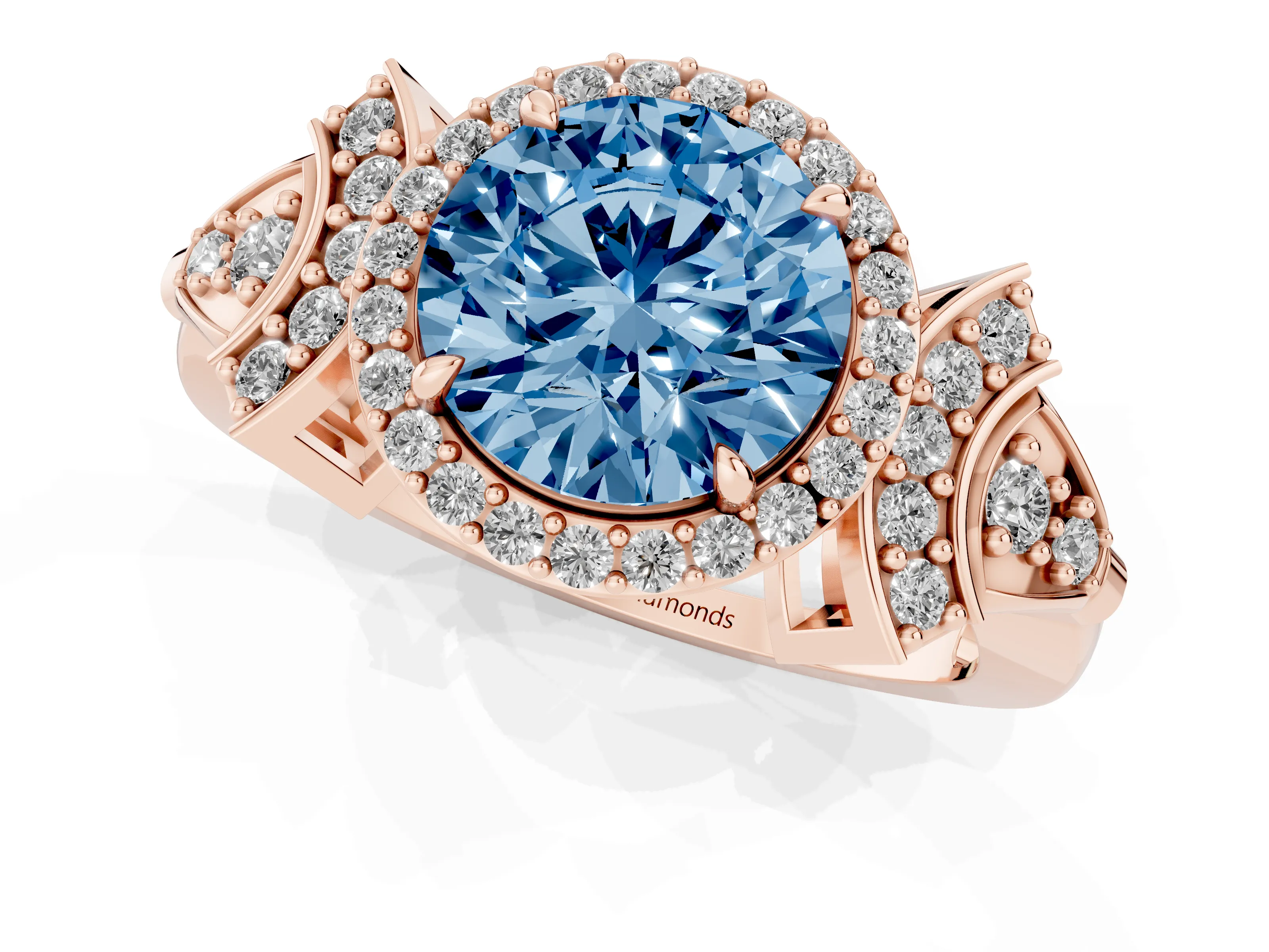 Fancy Blue Round Cut Diamond Halo Engagement Ring Set in Rose gold with Accent Stone Split Shank