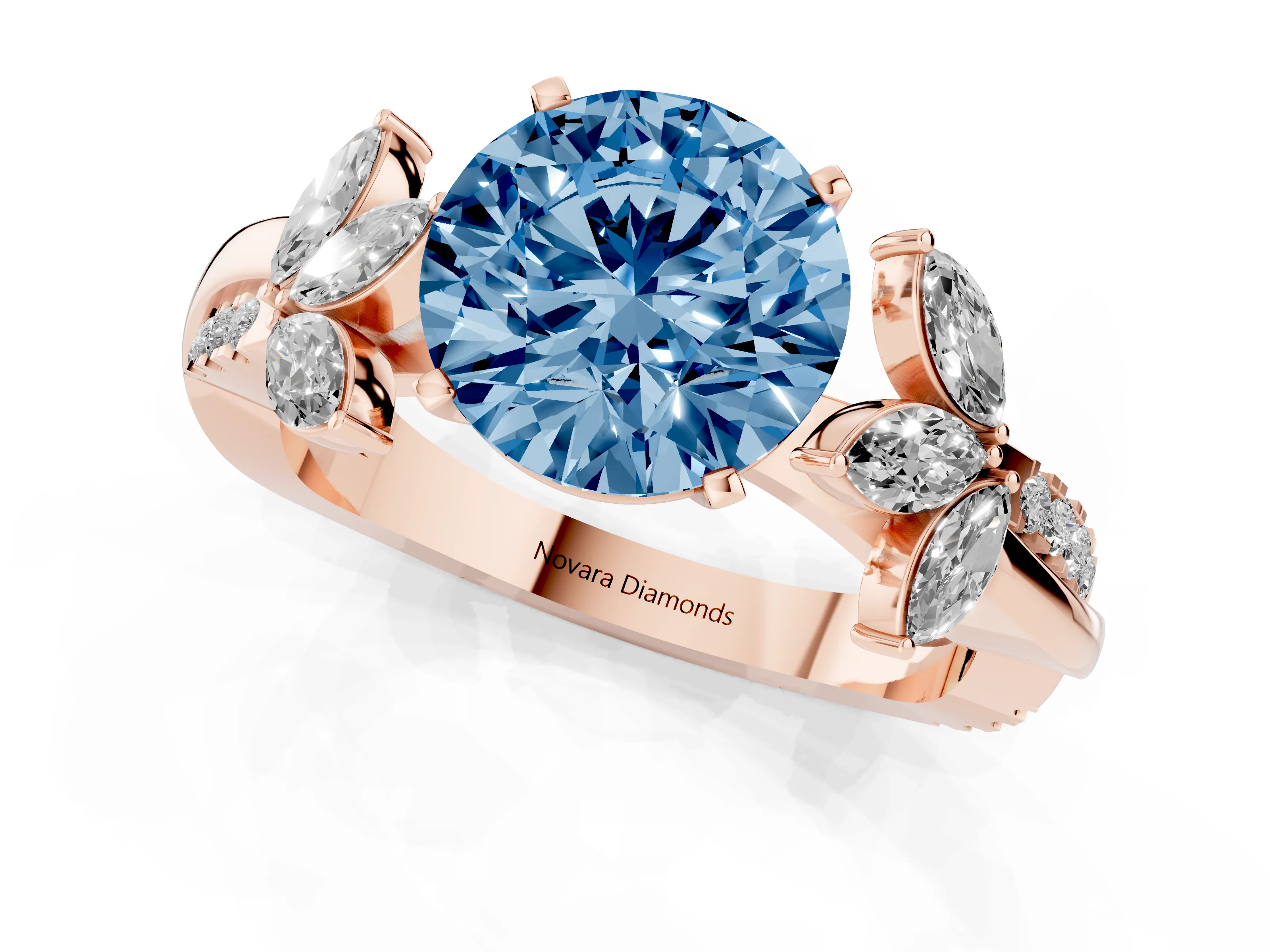 Fancy Blue Round Cut Diamond Floral Vine Solitaire Engagement Ring Set in Rose gold with Marquise Leaves