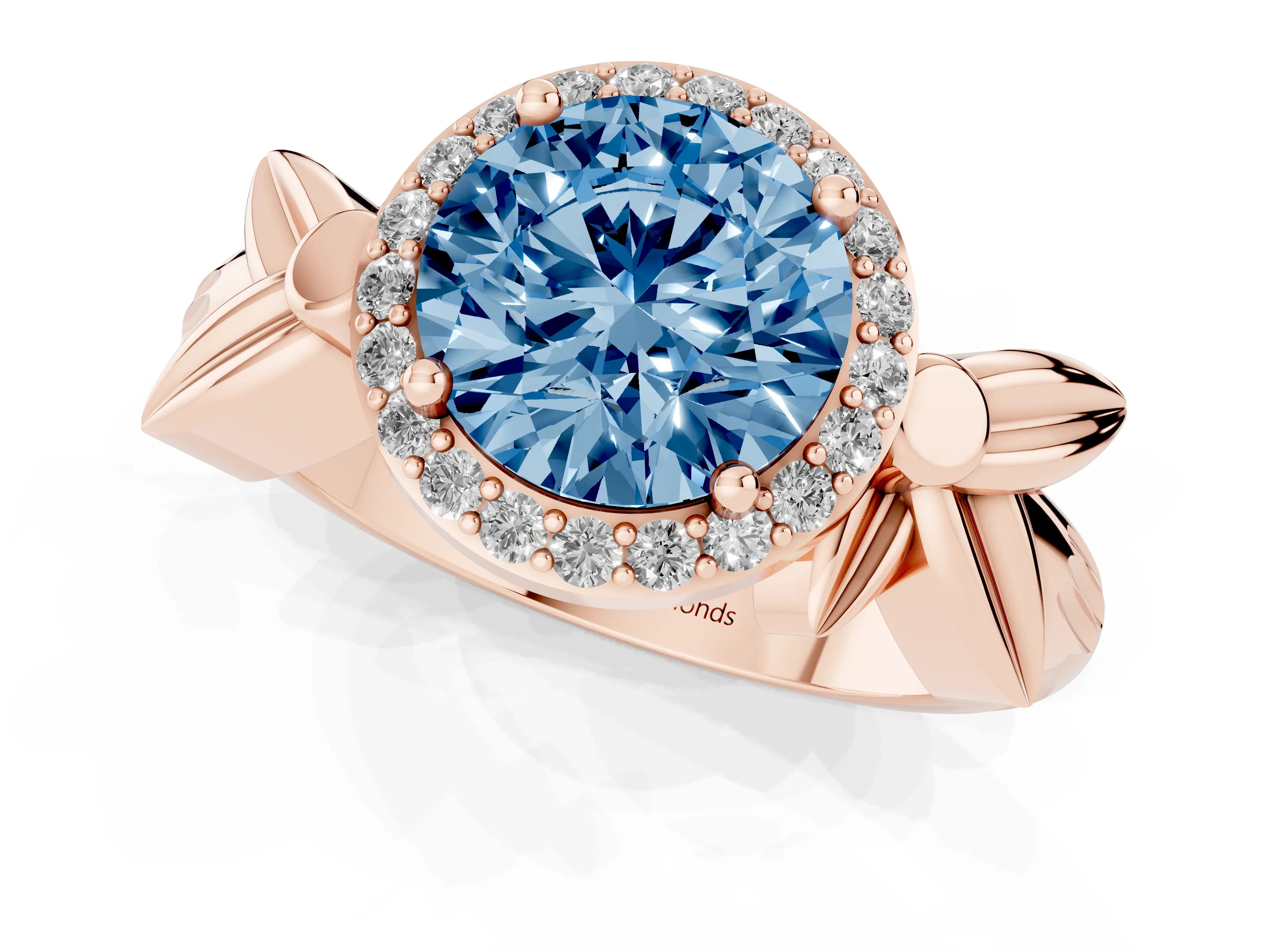 Fancy Blue Round Cut Diamond Halo Floral Band Ring Set in Rose gold with Prong Setting