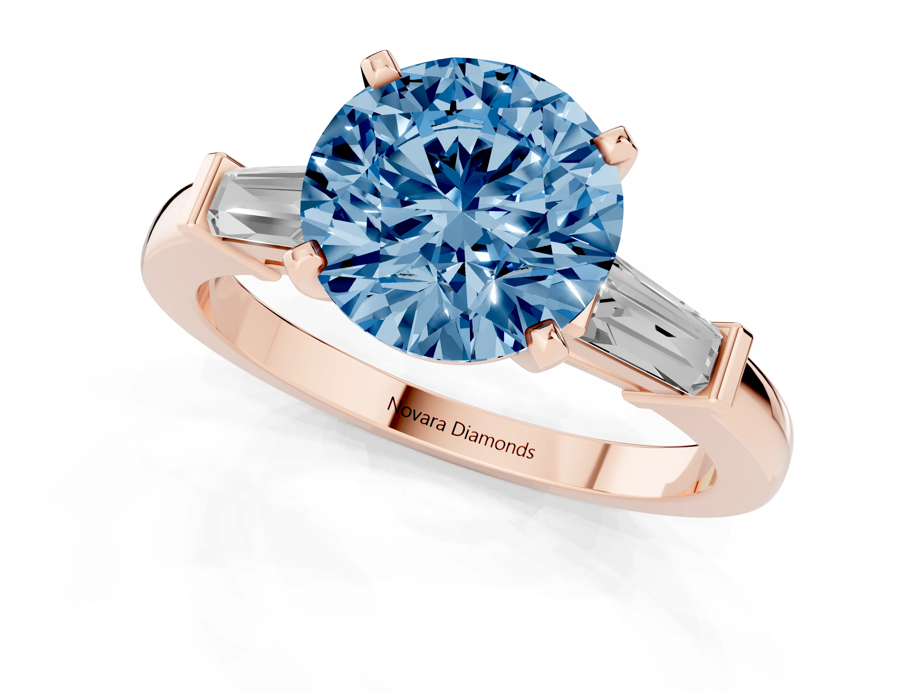 Fancy Blue Round Cut Diamond Solitaire Ring Set in Rose gold with Tapered Baguette Accents and Prong Setting