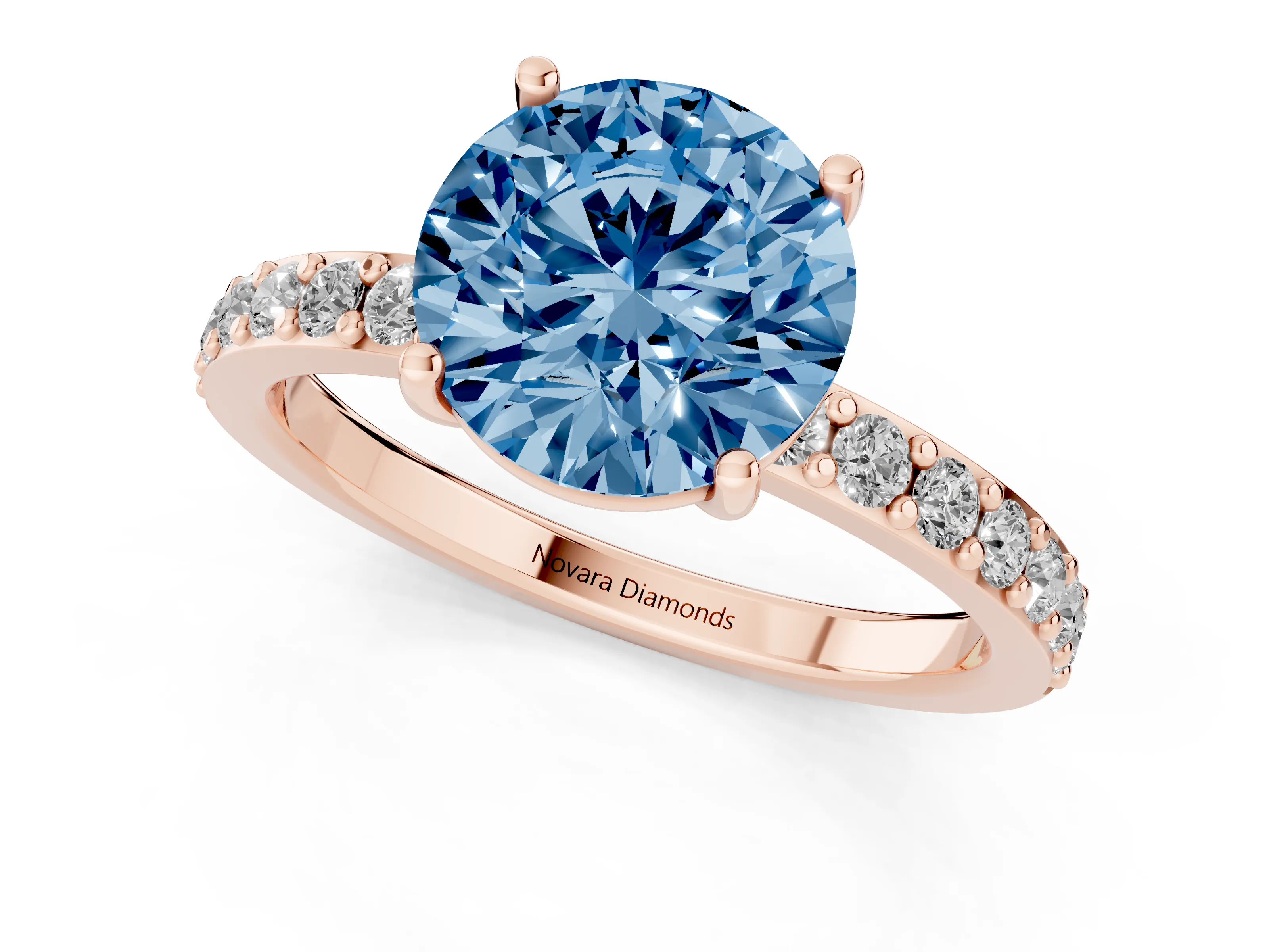 Fancy Blue Round Cut Diamond Solitaire Set in Rose gold with Round Pavé Band and Prong Setting