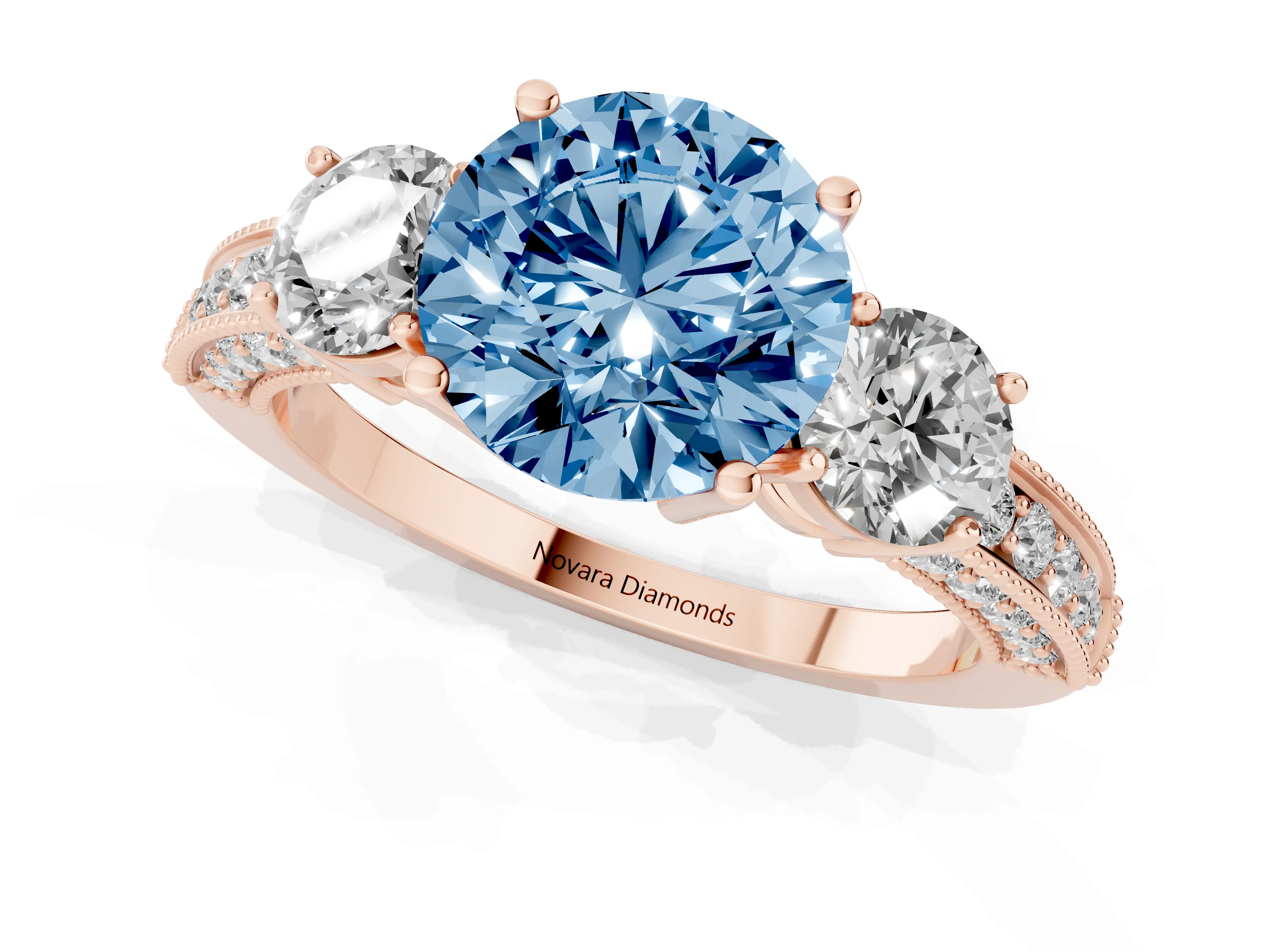 Fancy Blue Round Cut Diamond Three-Stone Ring Set in Rose gold with Round Side Stones and Pavé Band